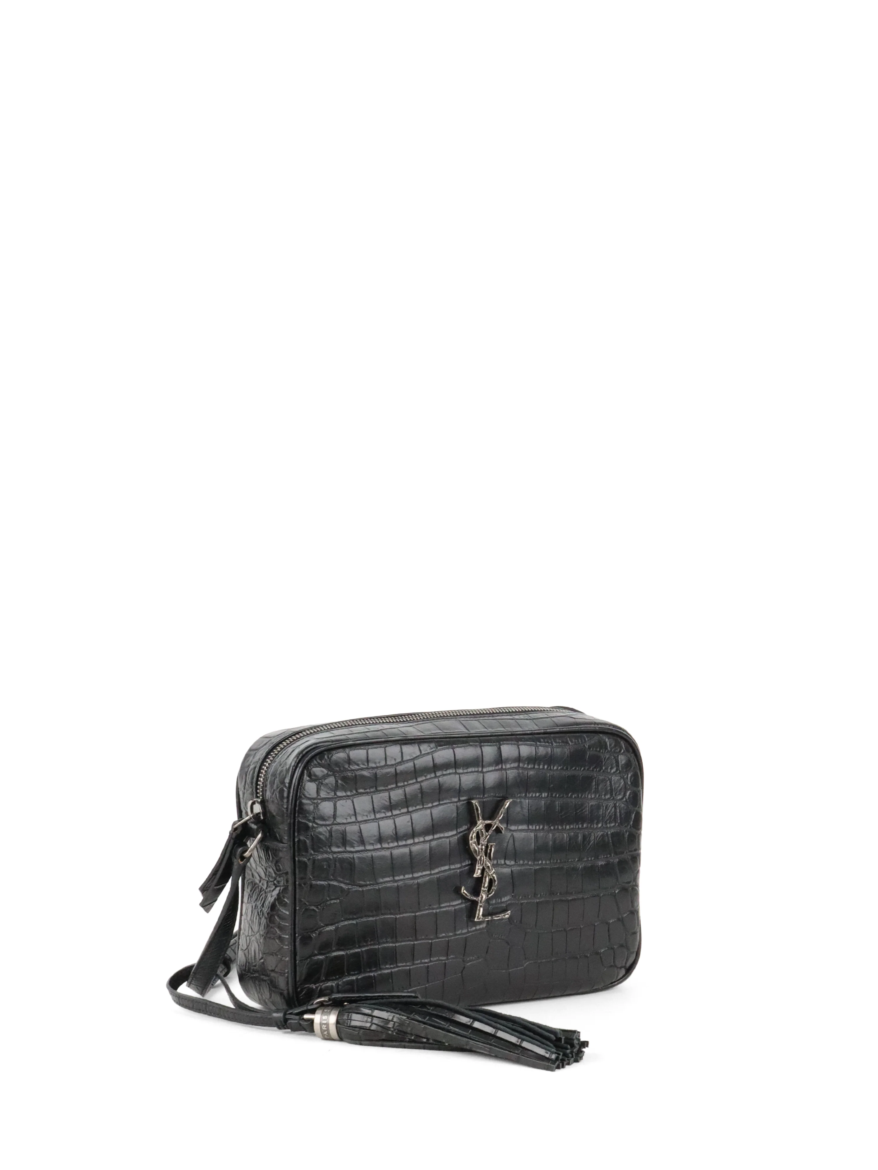 Saint Laurent Black Croc Embossed Camera Lou Bag