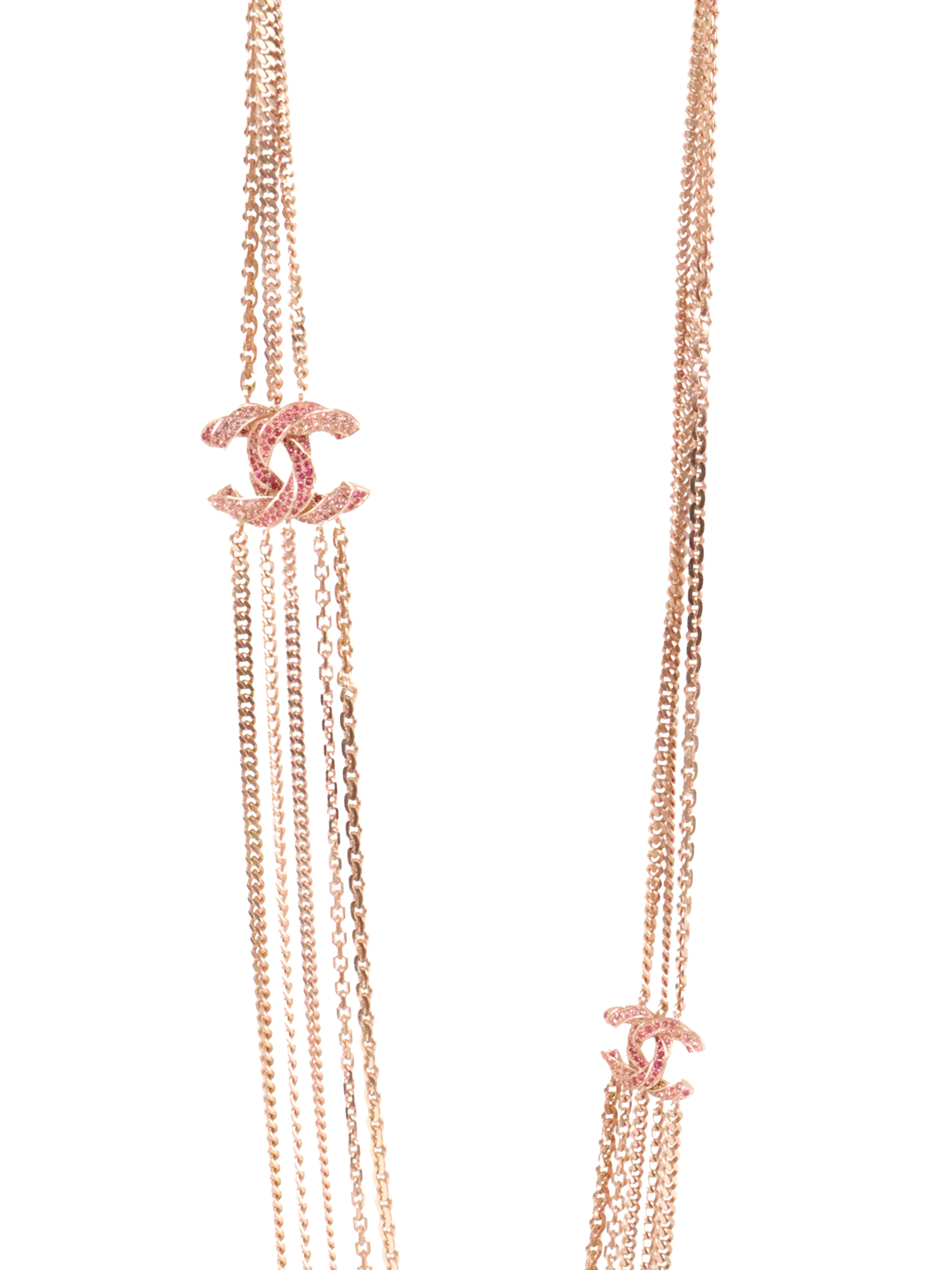 Chanel B16C CC Rose Gold Pink Crystal Long Chain Necklace