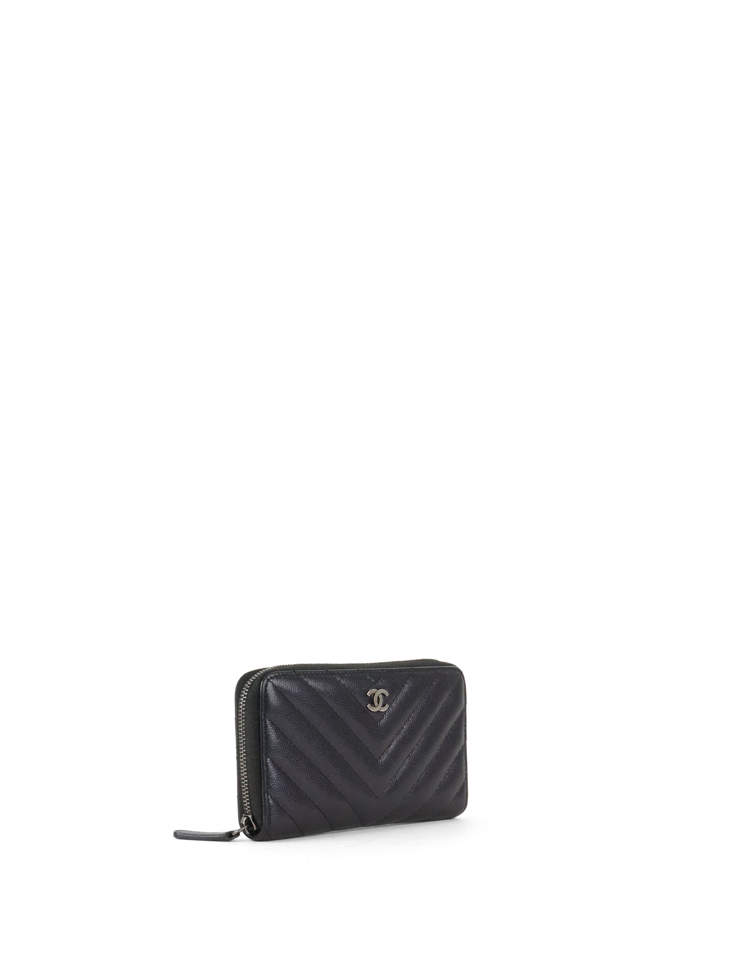 Chanel Irredescent Dark Charcoal Caviar Chevron Zip Wallet