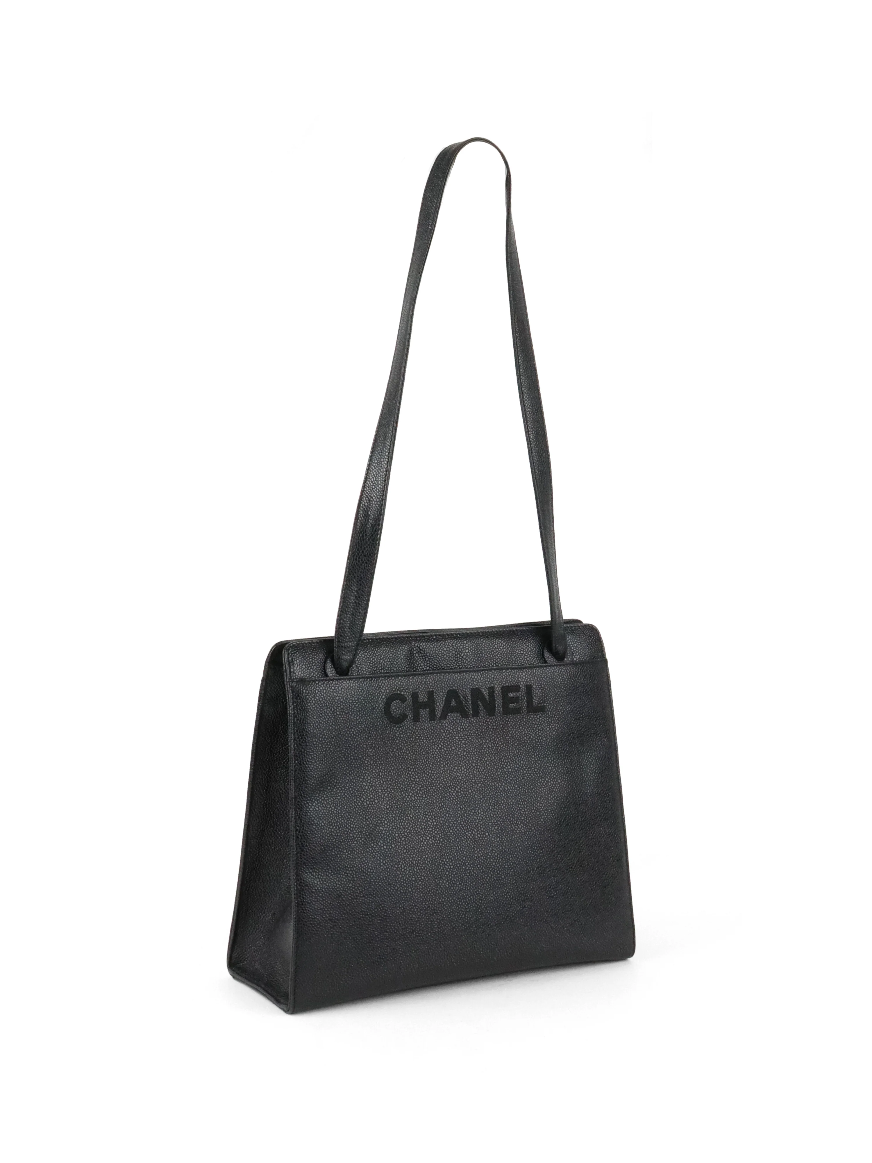 Chanel Vintage Stitched Logo Black Caviar Tote