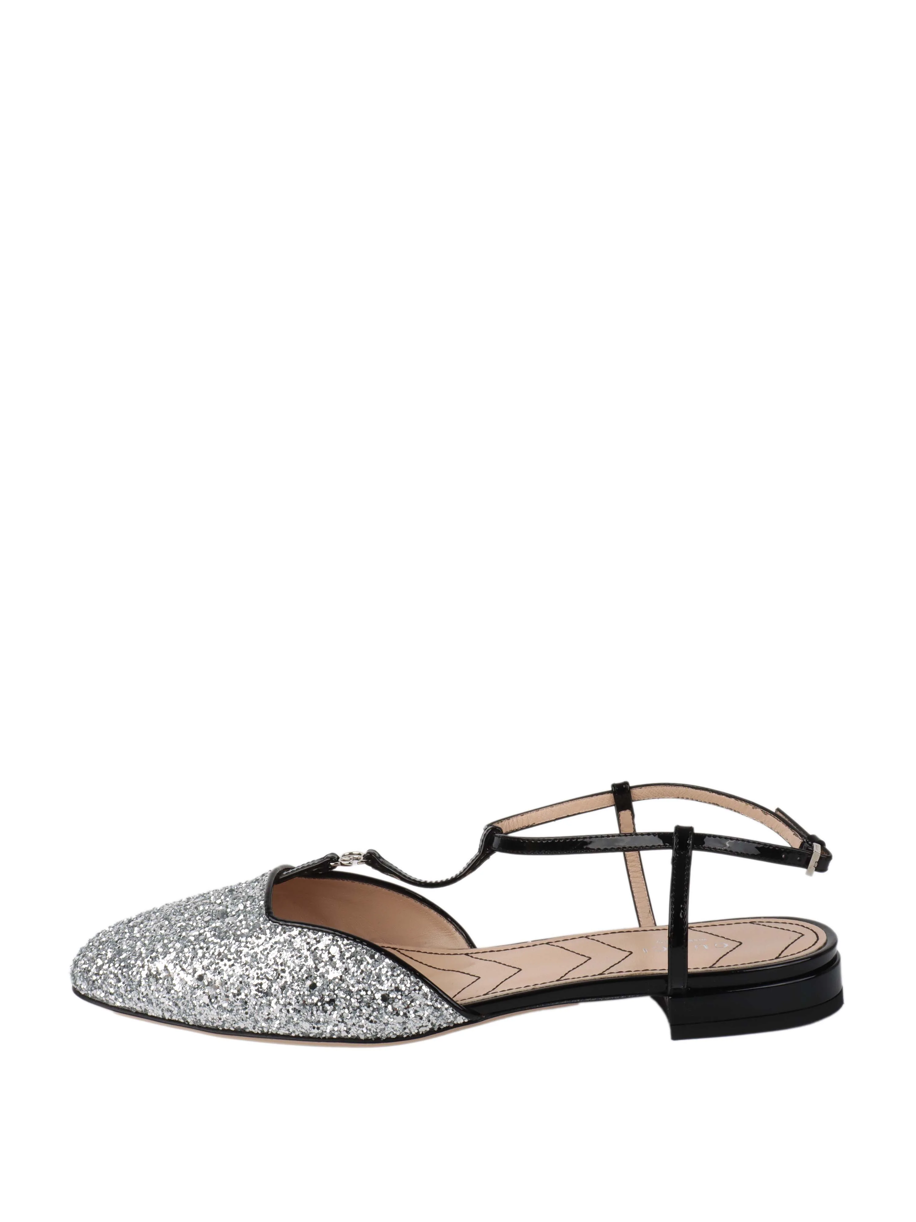 Gucci Silver Glitter Double G Ballet Flats.