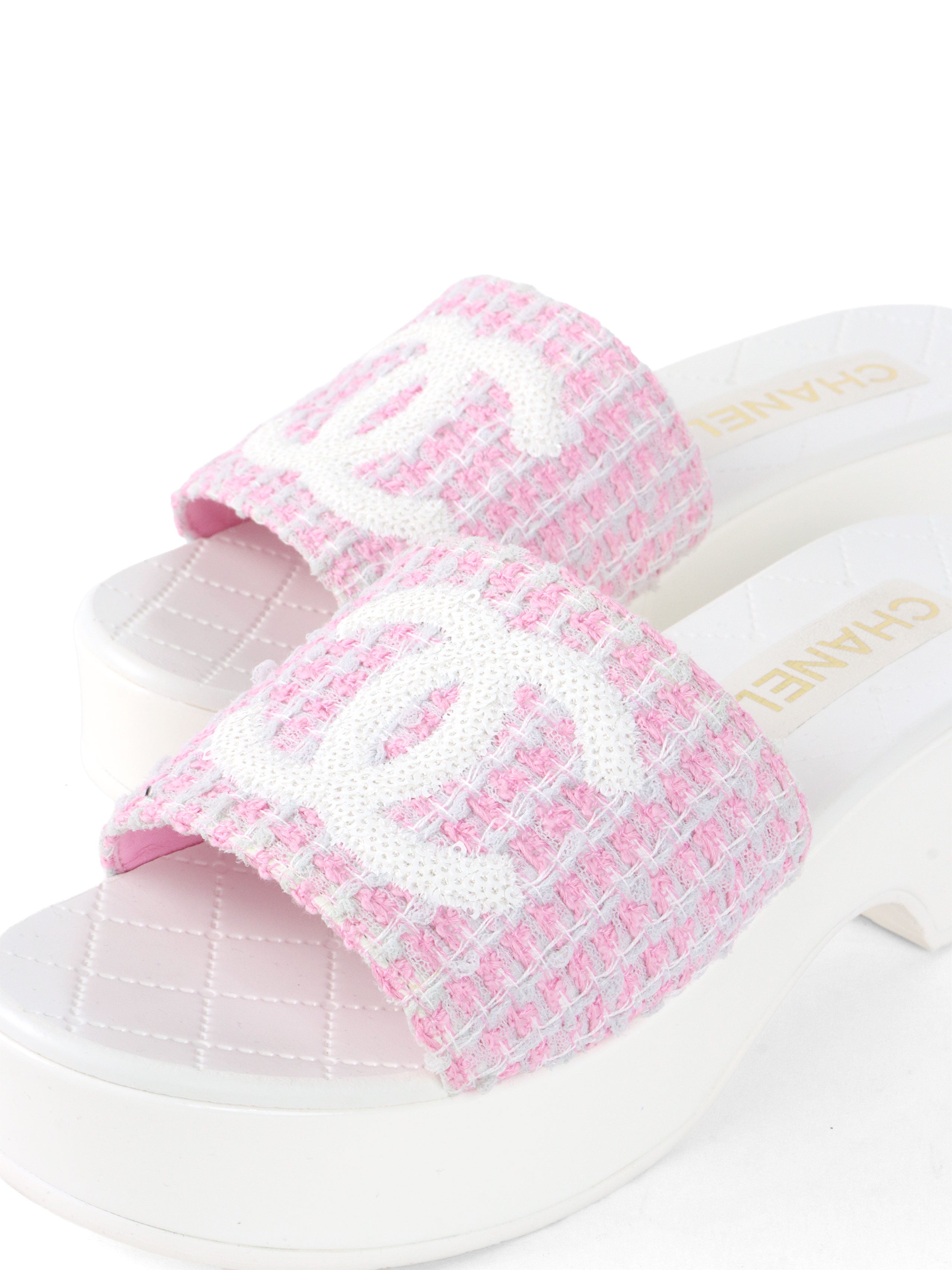 Chanel White 24P Pink Tweed Sequin CC Patent Platform Wedge Mules