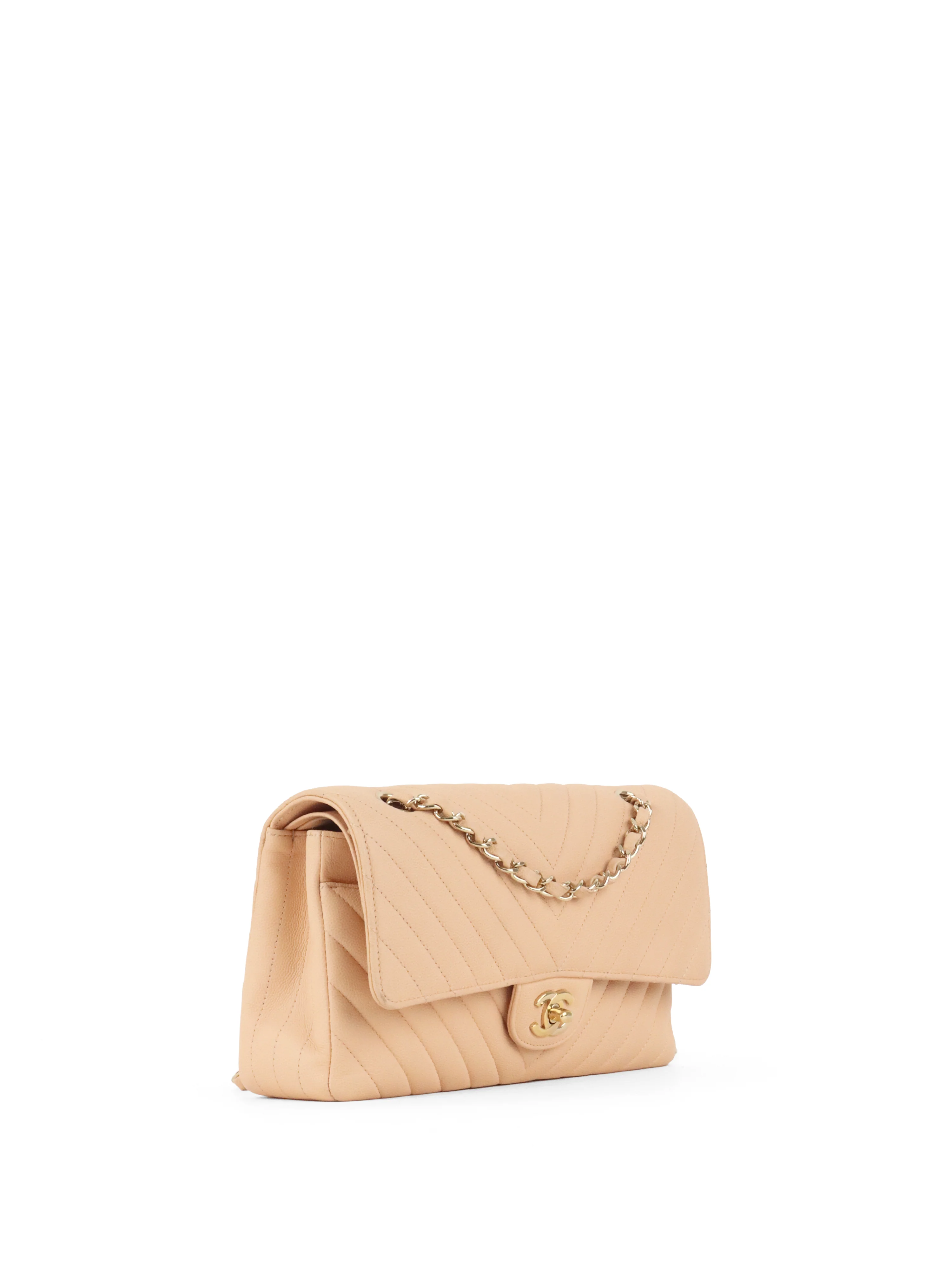 Chanel Beige Claire Chevron Caviar Classic Flap