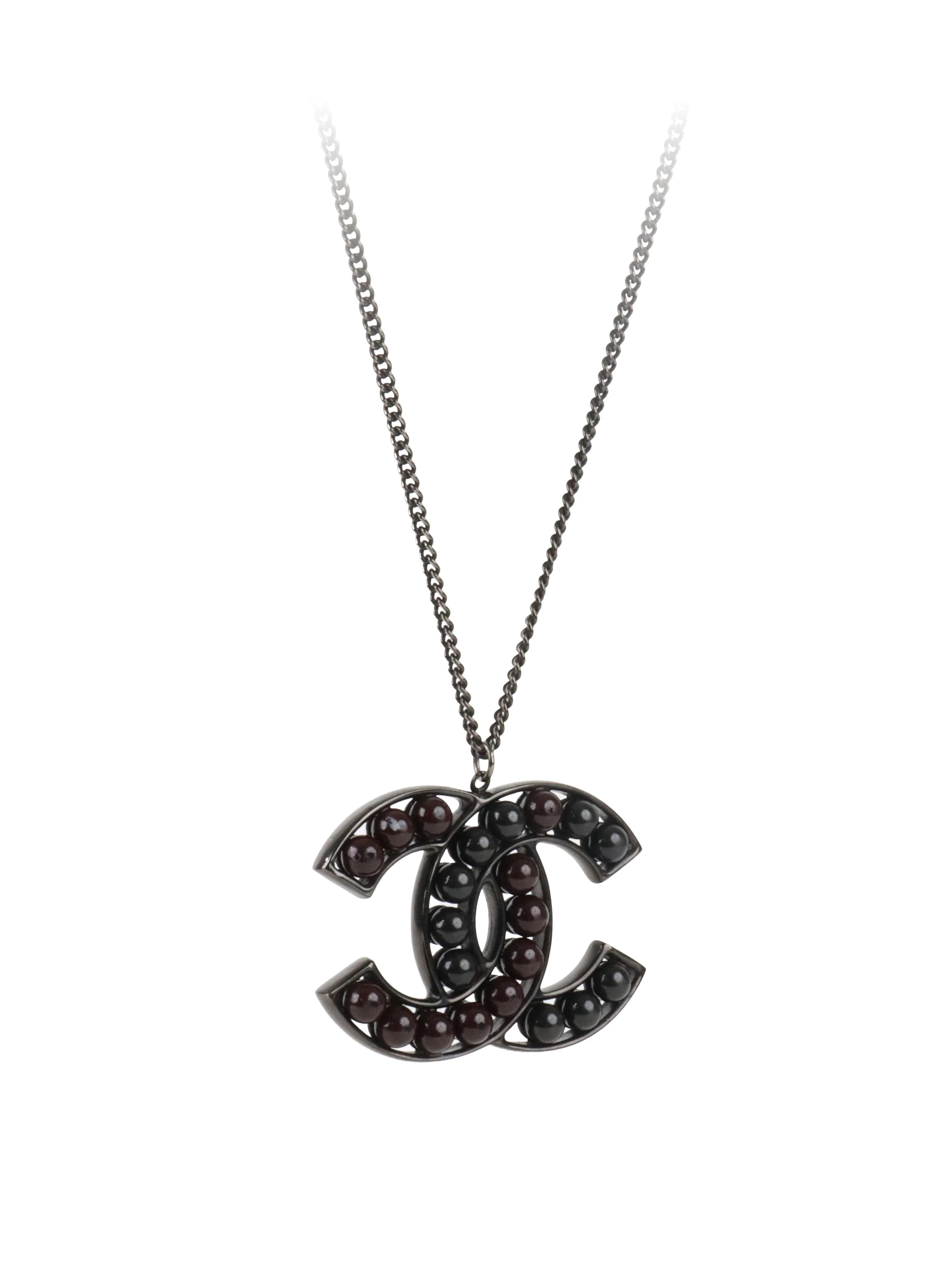 Chanel Black and Dark Burgundy Enamel CC Pendant Necklace