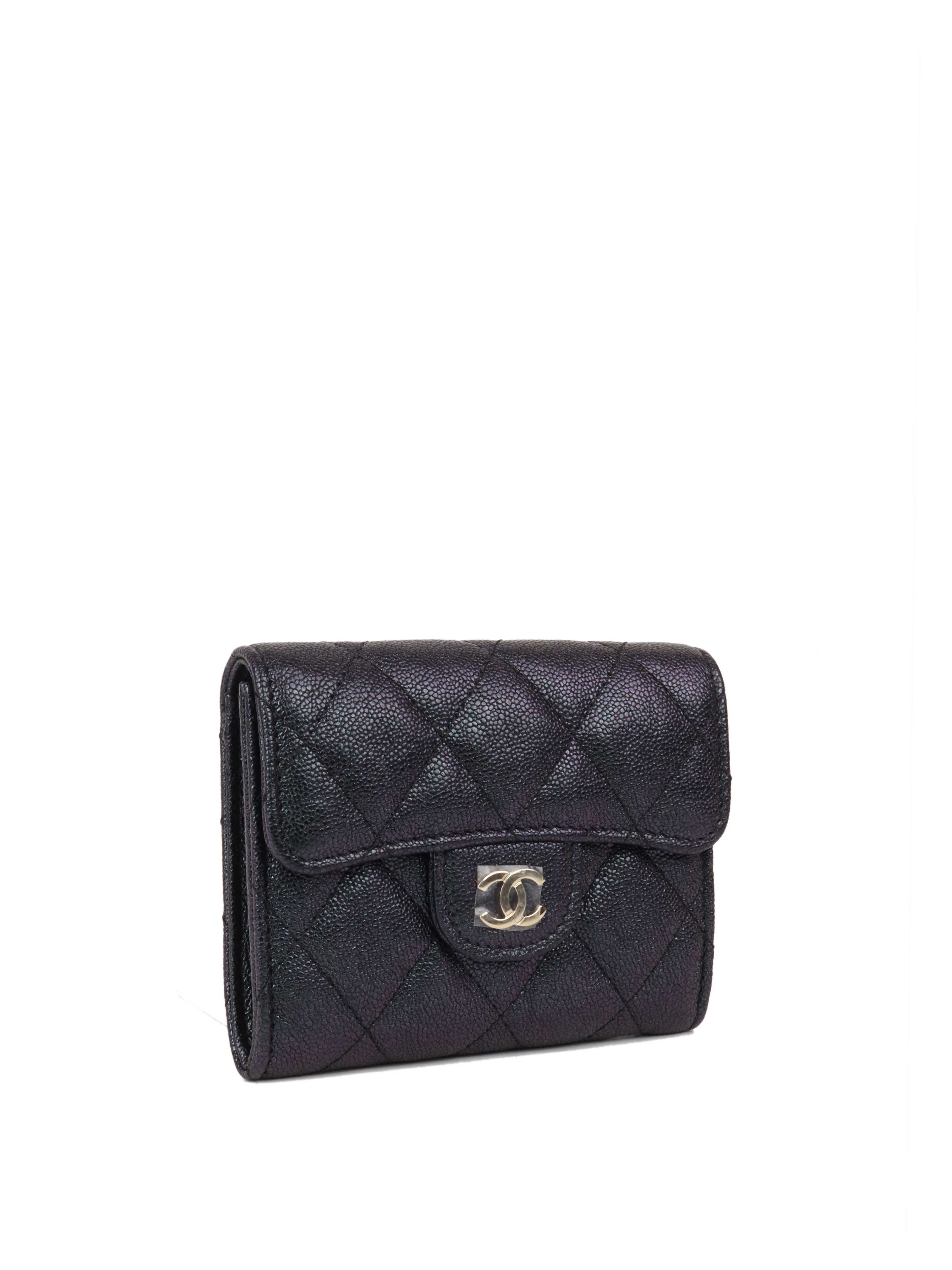 Chanel Black Iridescent Caviar Compact Wallet with SHW.