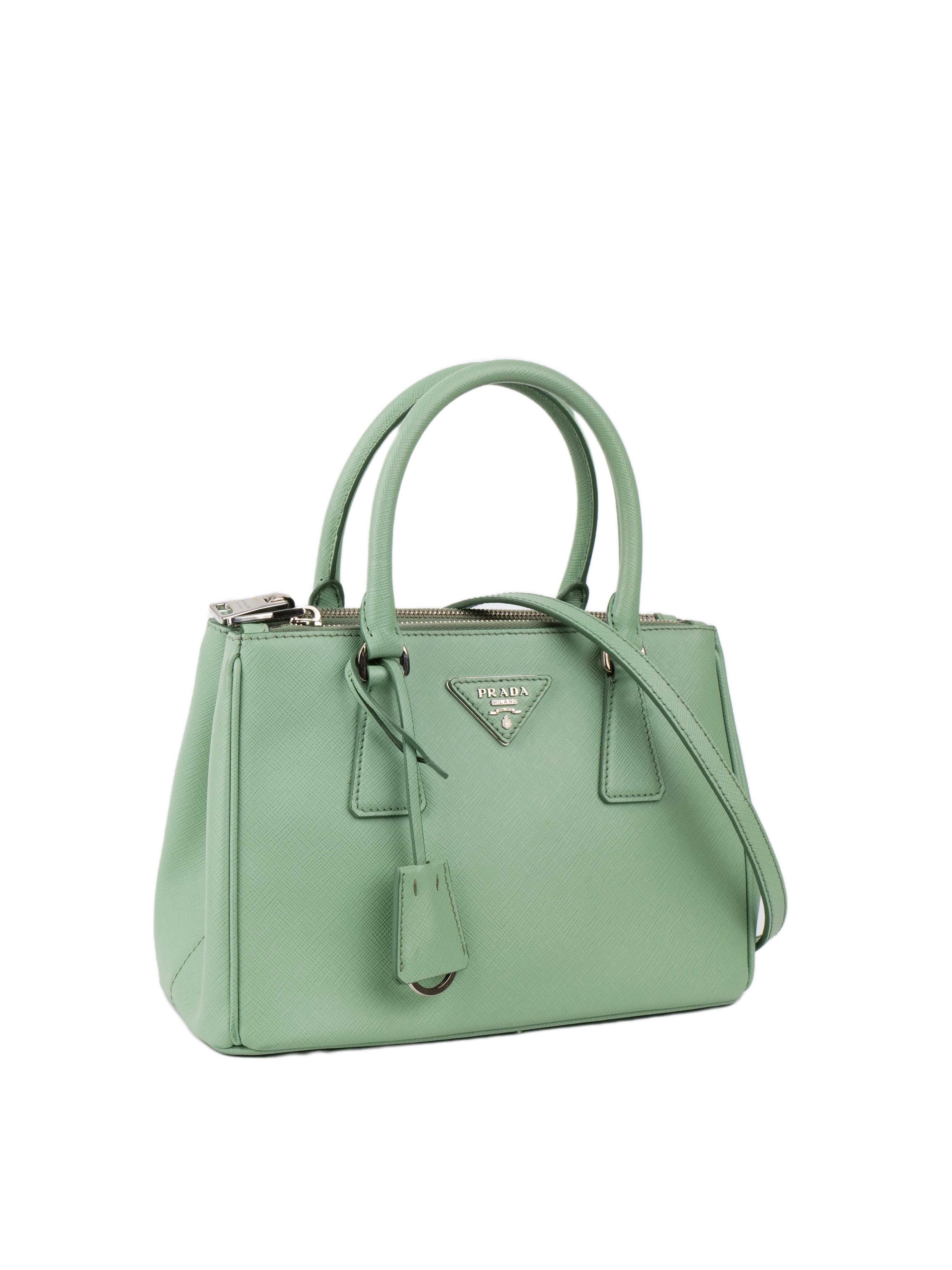 Prada Mint Green Saffiano Double Zipped Small Tote.