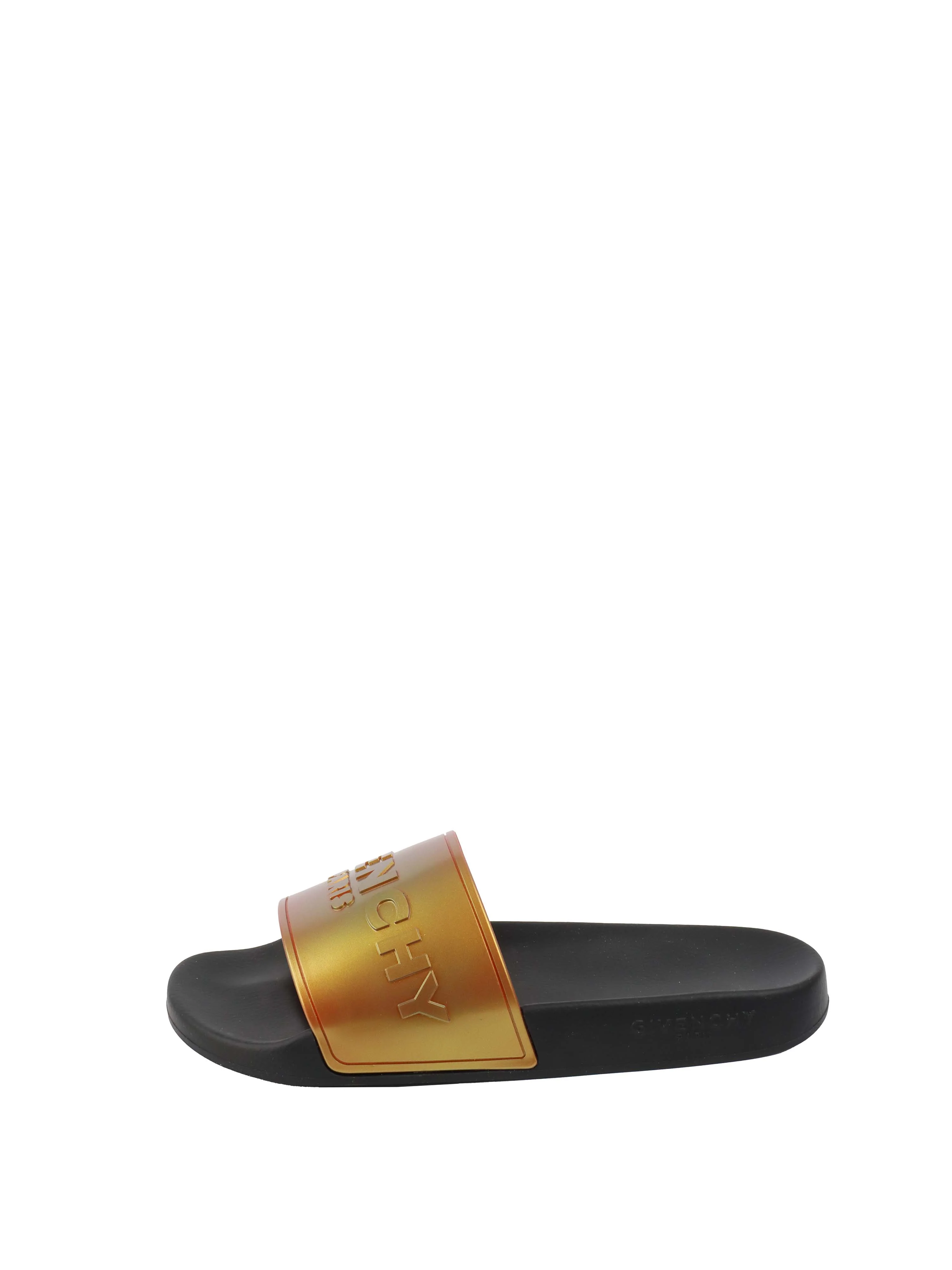 Givenchy Black/ Orange Iridescent Logo Slide Sandal.