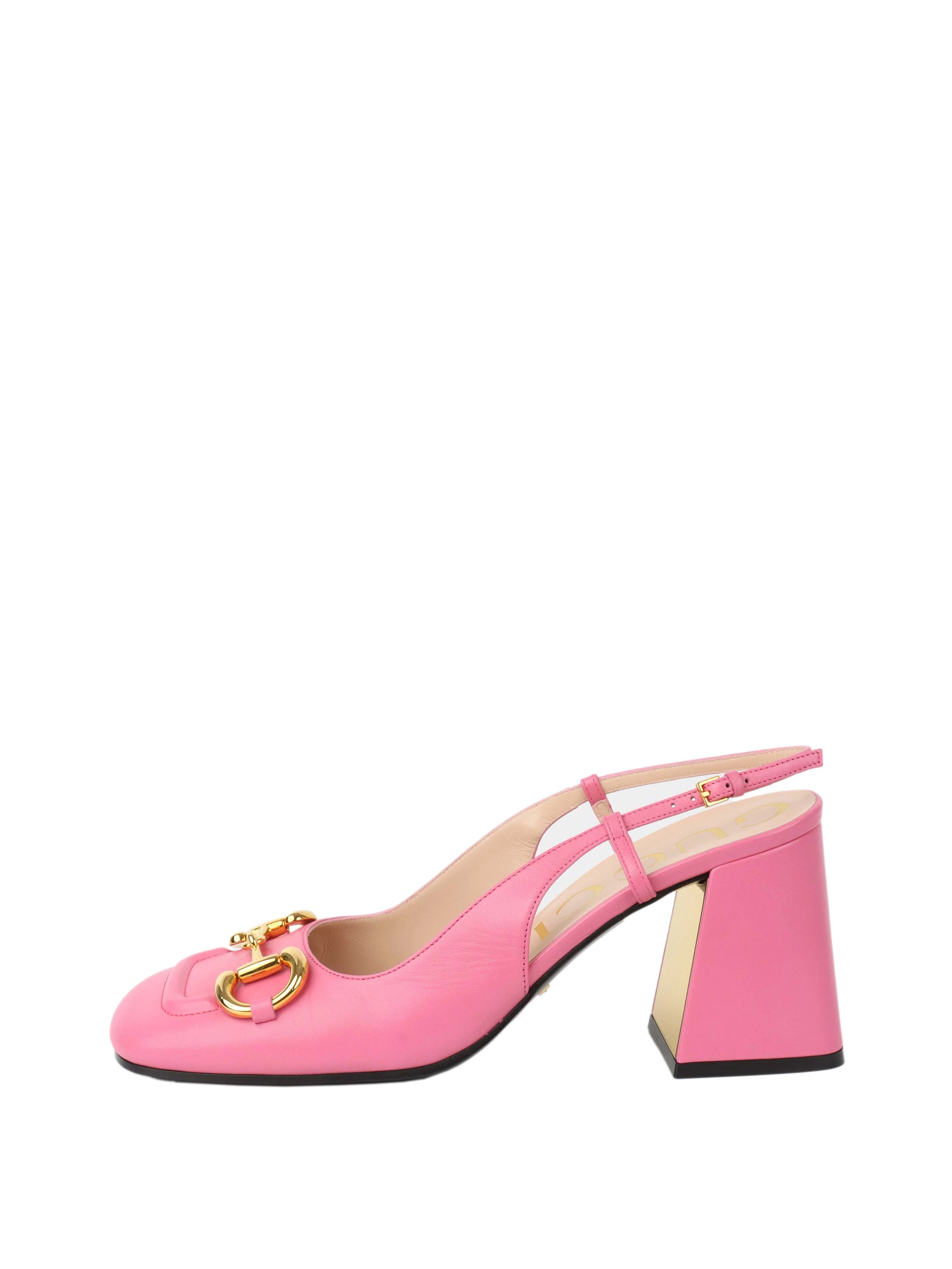 Gucci Pink Horsebit Slingback Pumps.