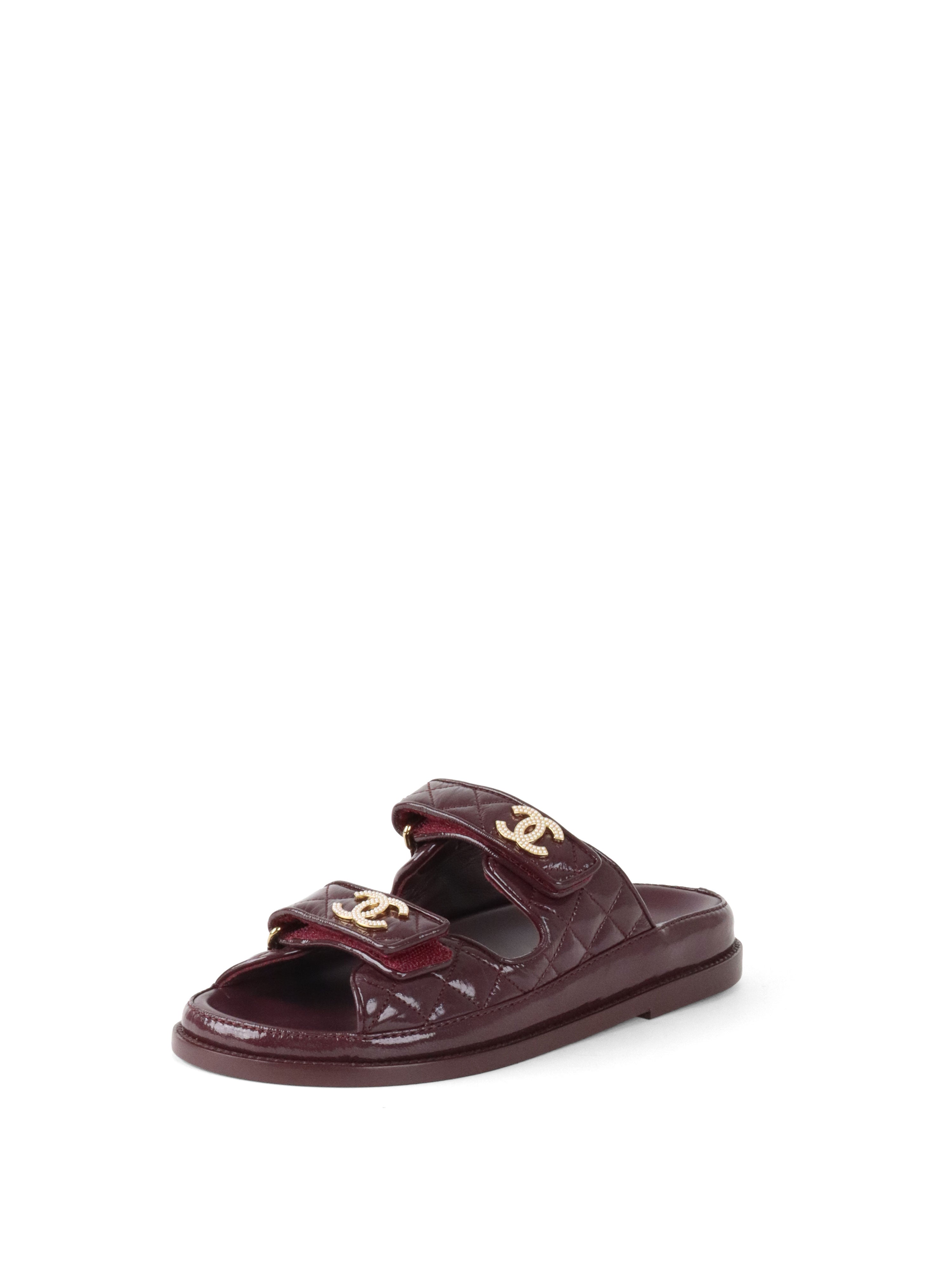 Chanel 21C Burgundy Red Patent Gold CC Logo Mule Slides.