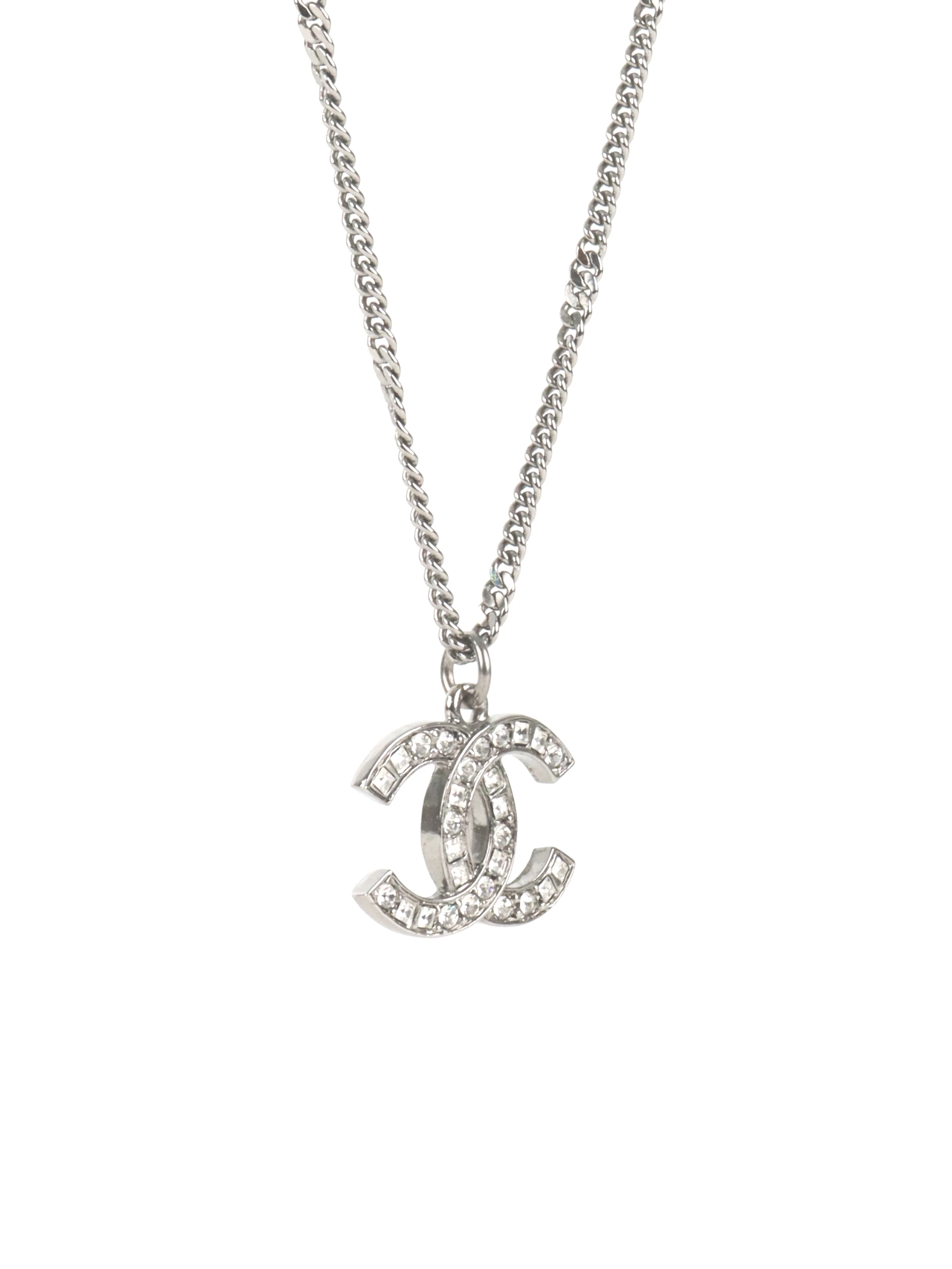 Chanel Metal Silver Crystal CC Long Necklace