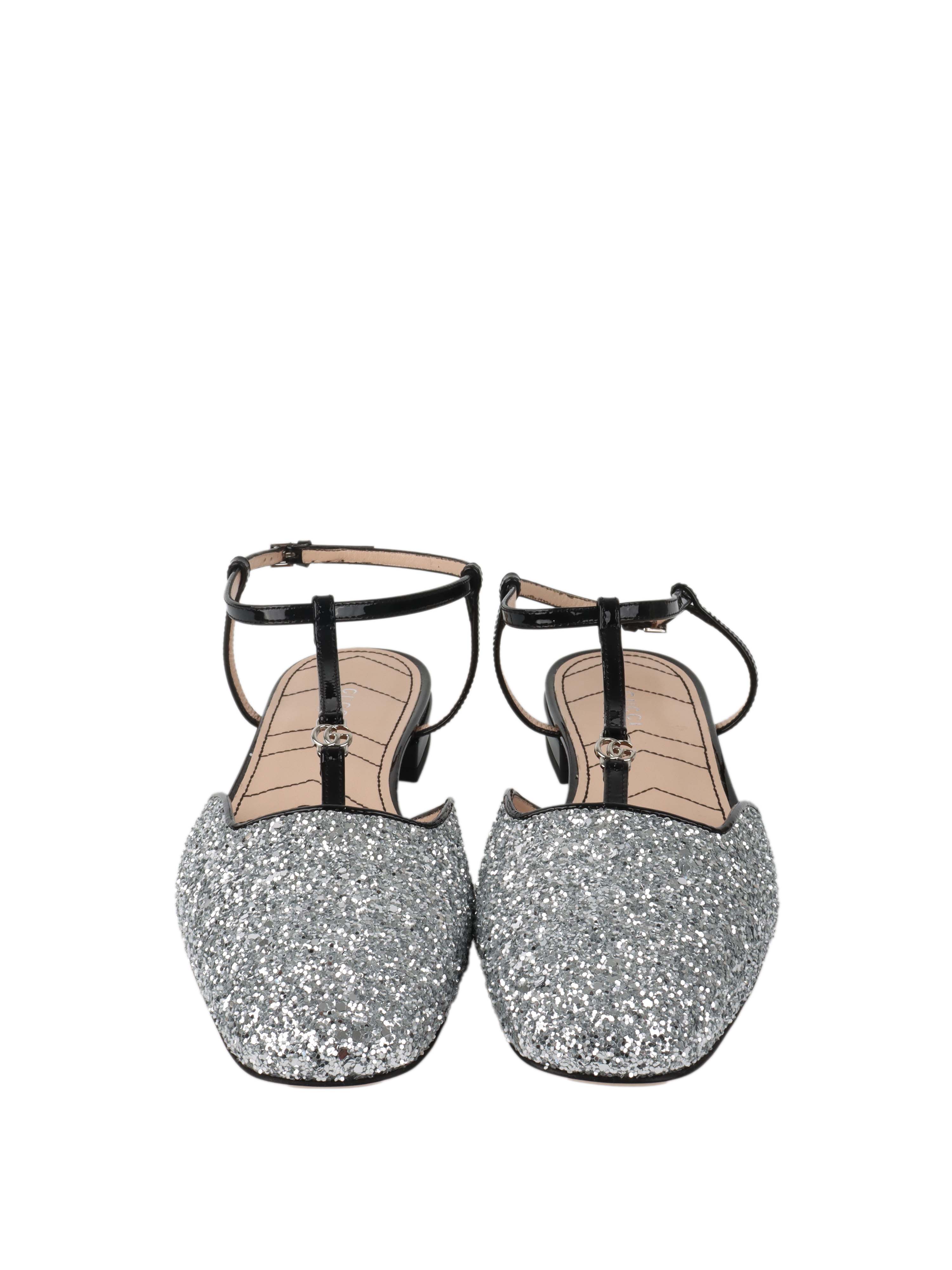 Gucci Silver Glitter Double G Ballet Flats.