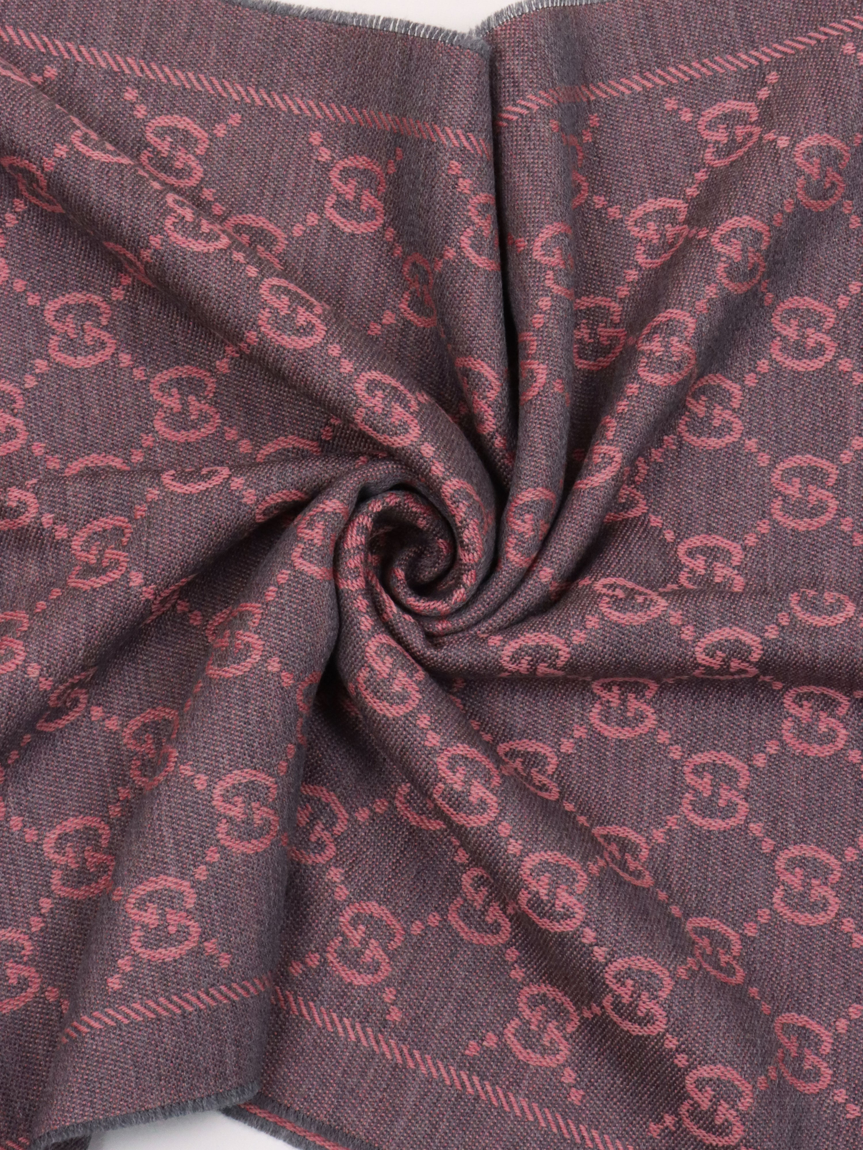 Gucci Grey  Pink GG Supreme Jacquard Scarf.