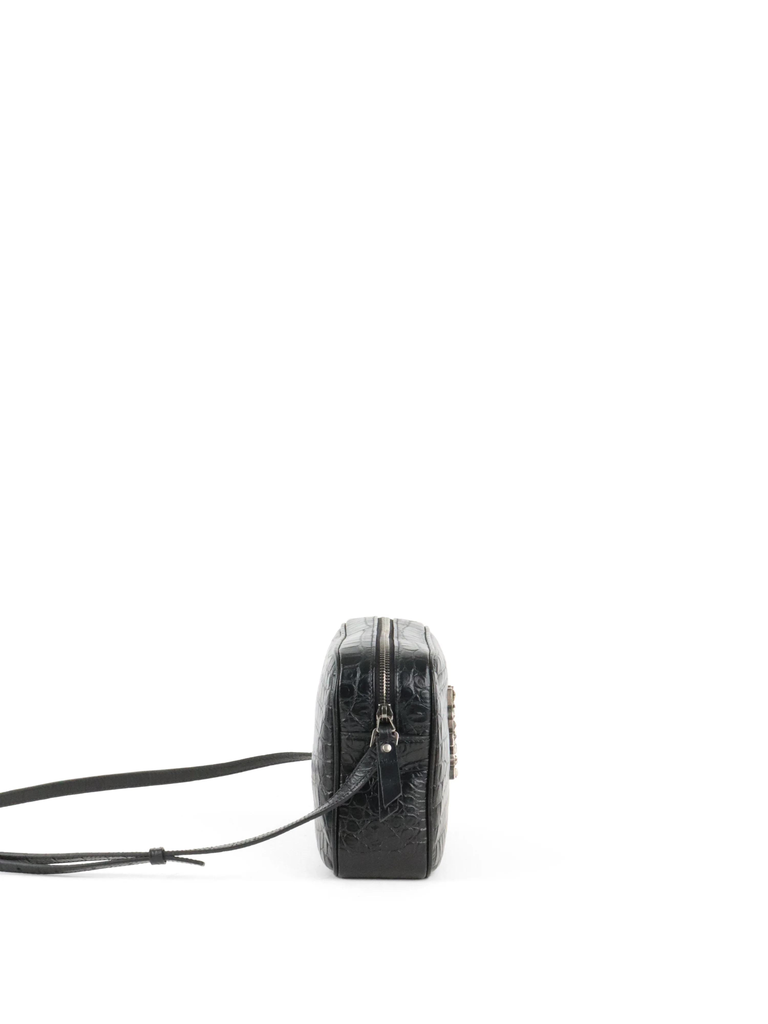 Saint Laurent Black Croc Embossed Camera Lou Bag