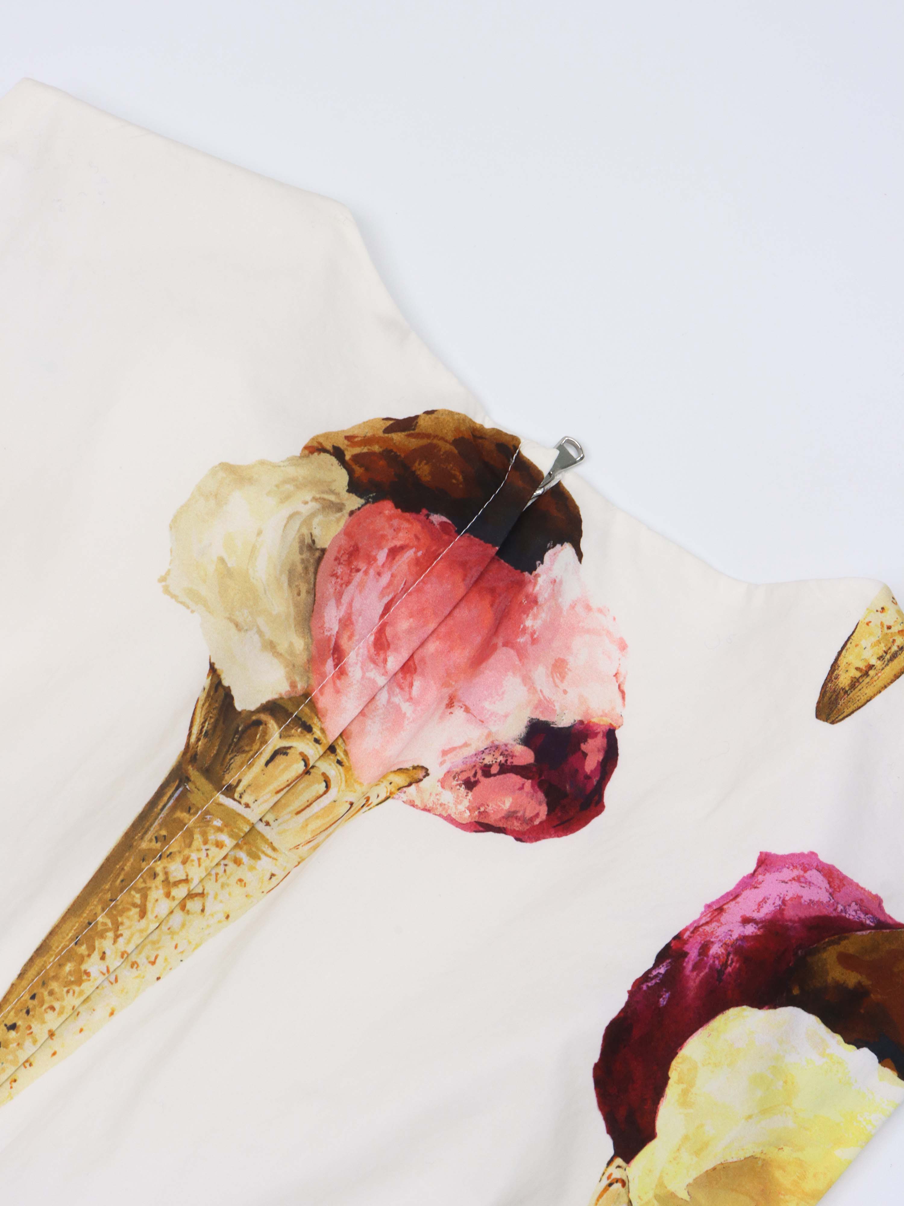 Dolce  Gabbana White Ice Cream Print Cotton Gathered Dress.