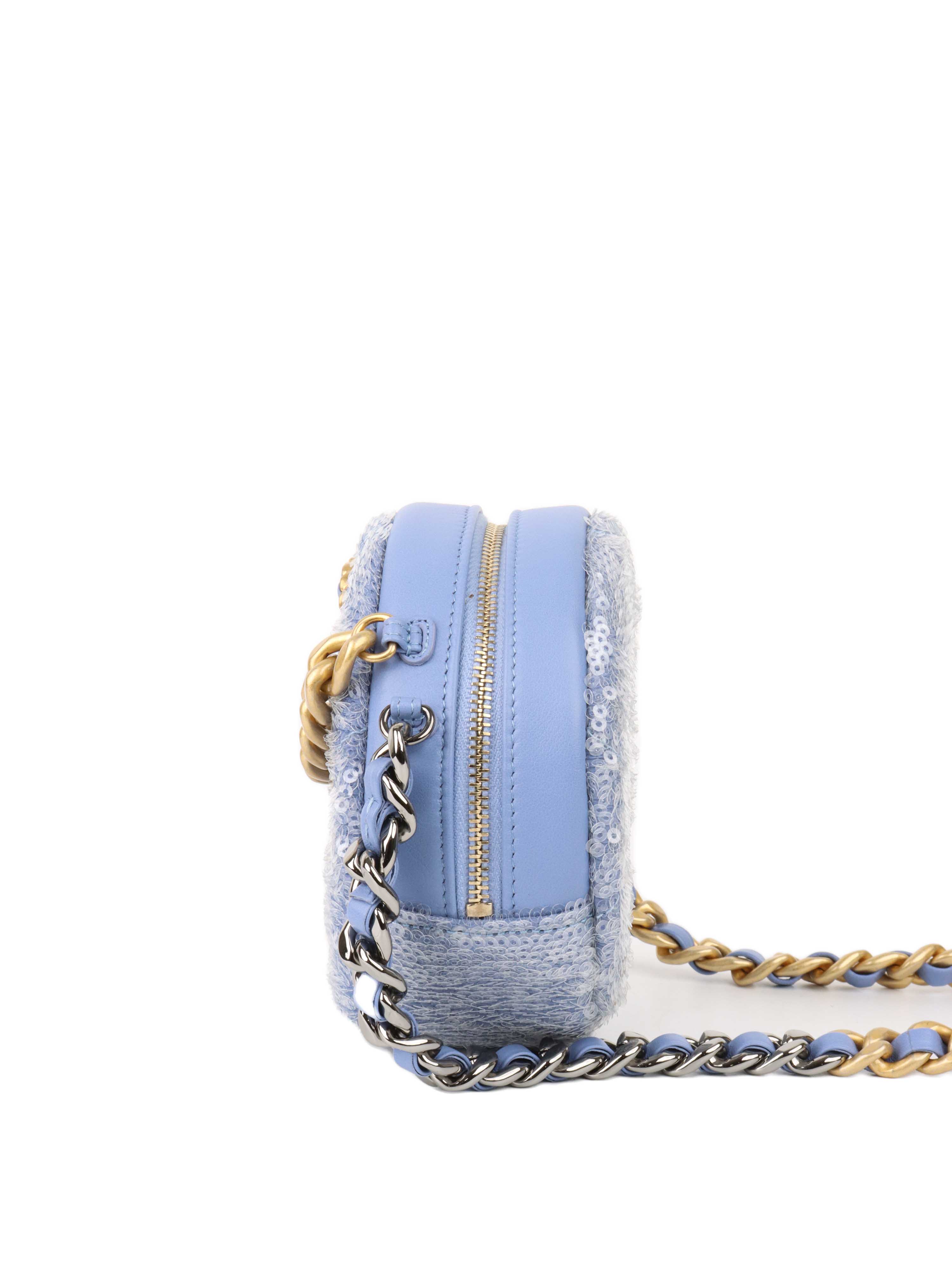 Chanel 19 Round Blue Sequinned Clutch with Chain.