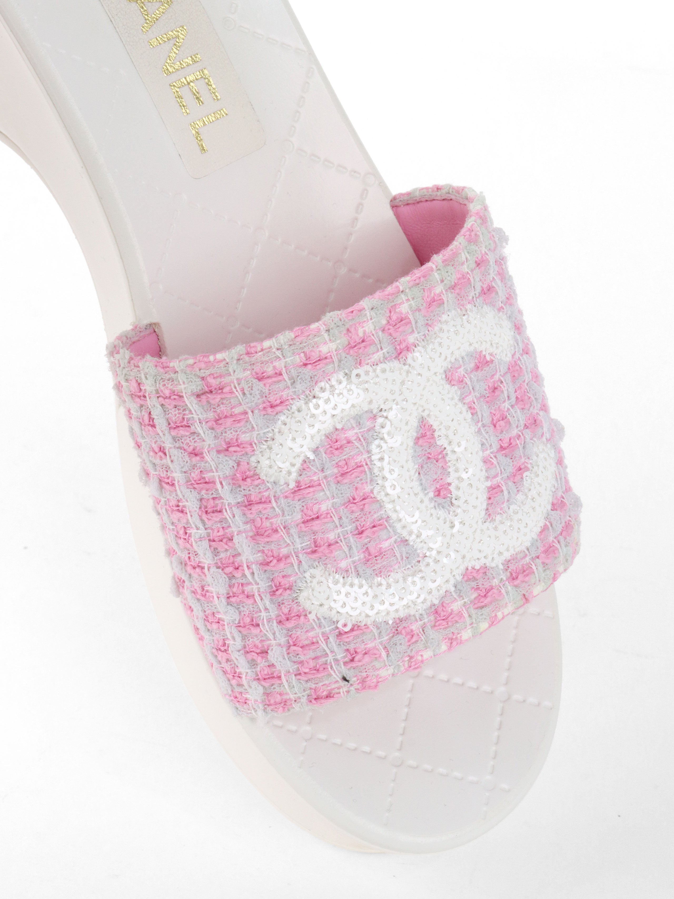 Chanel White 24P Pink Tweed Sequin CC Patent Platform Wedge Mules