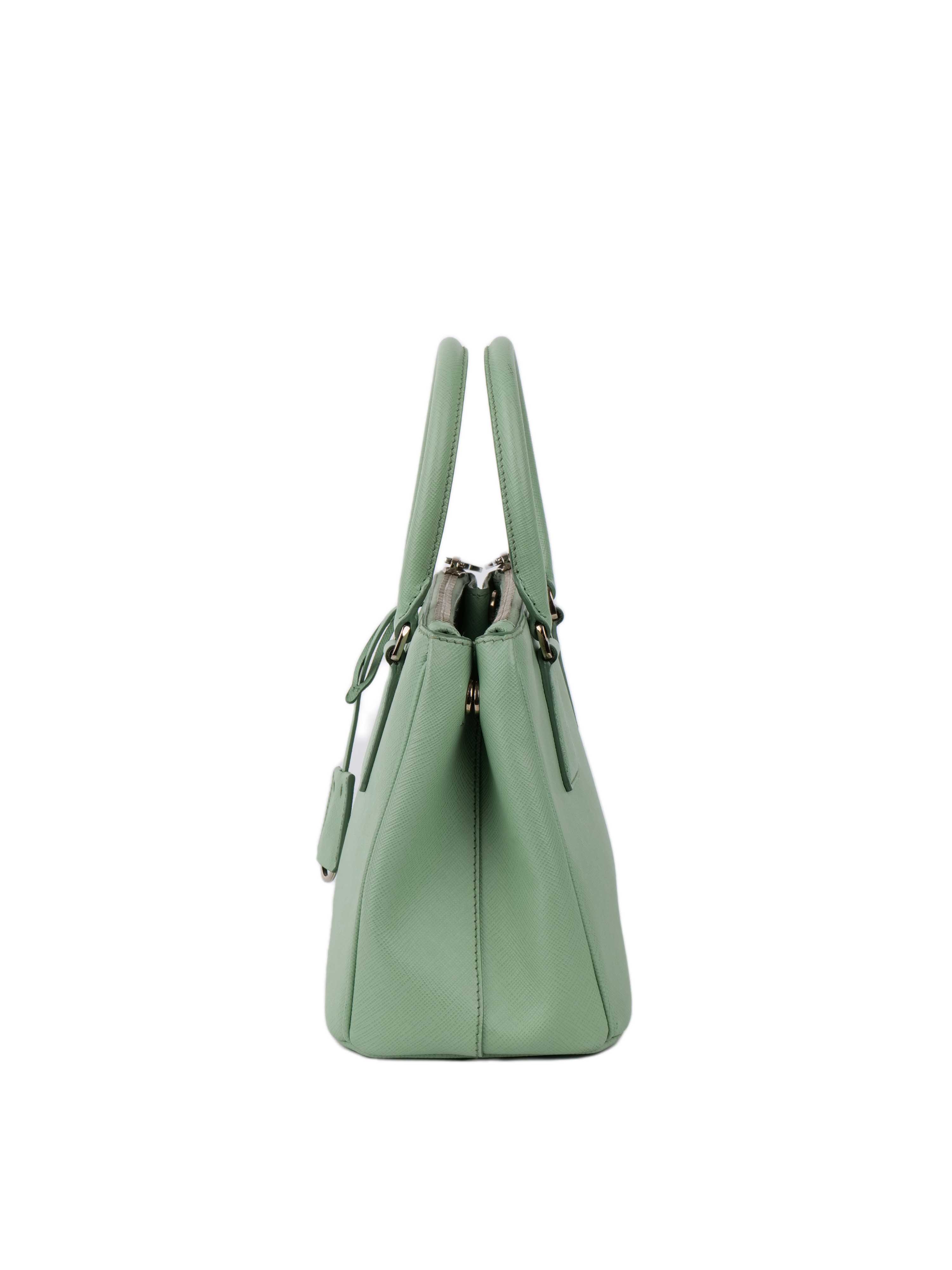 Prada Mint Green Saffiano Double Zipped Small Tote.