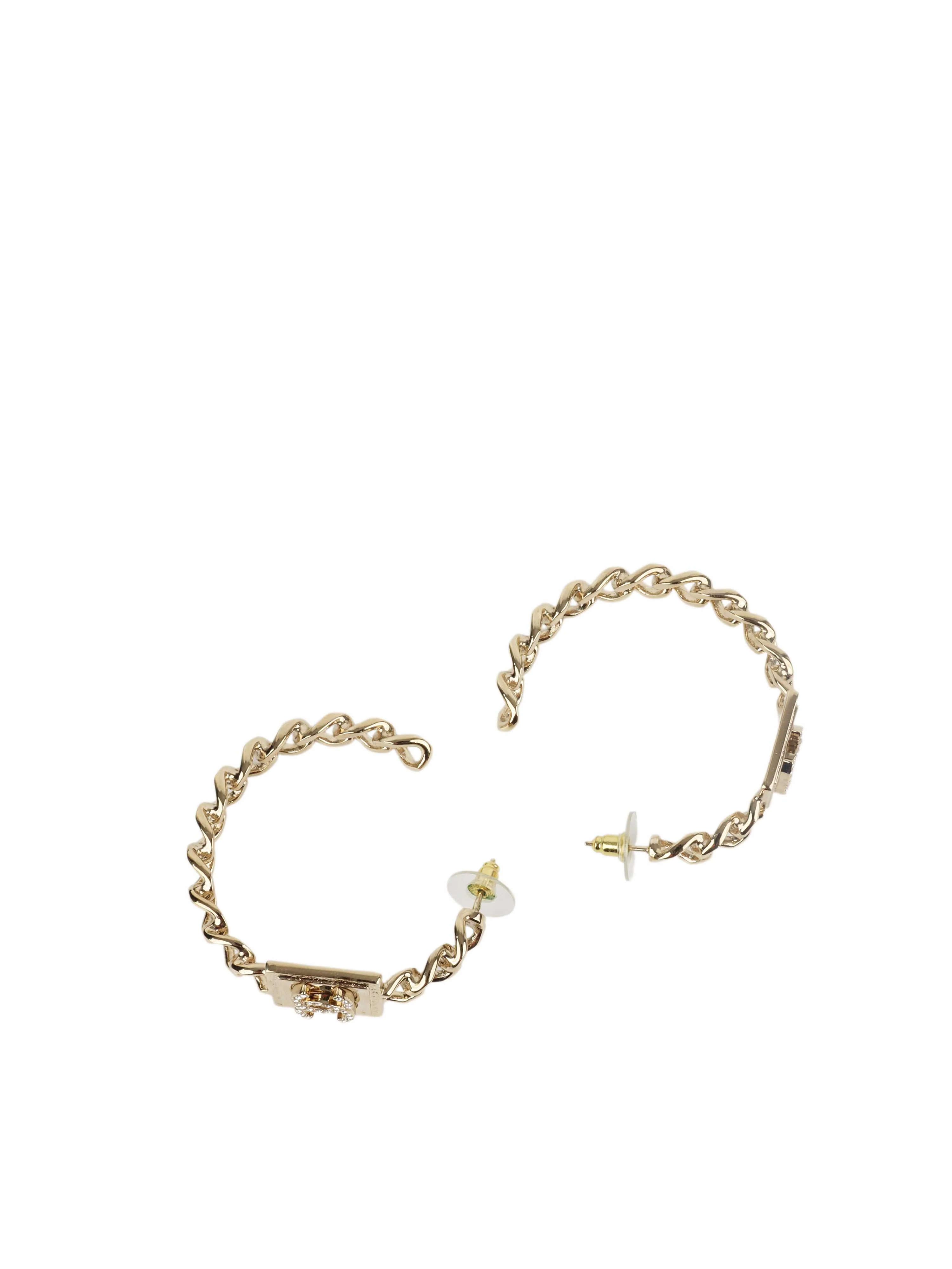 Chanel Crystal Square Chain Hoop Earrings.