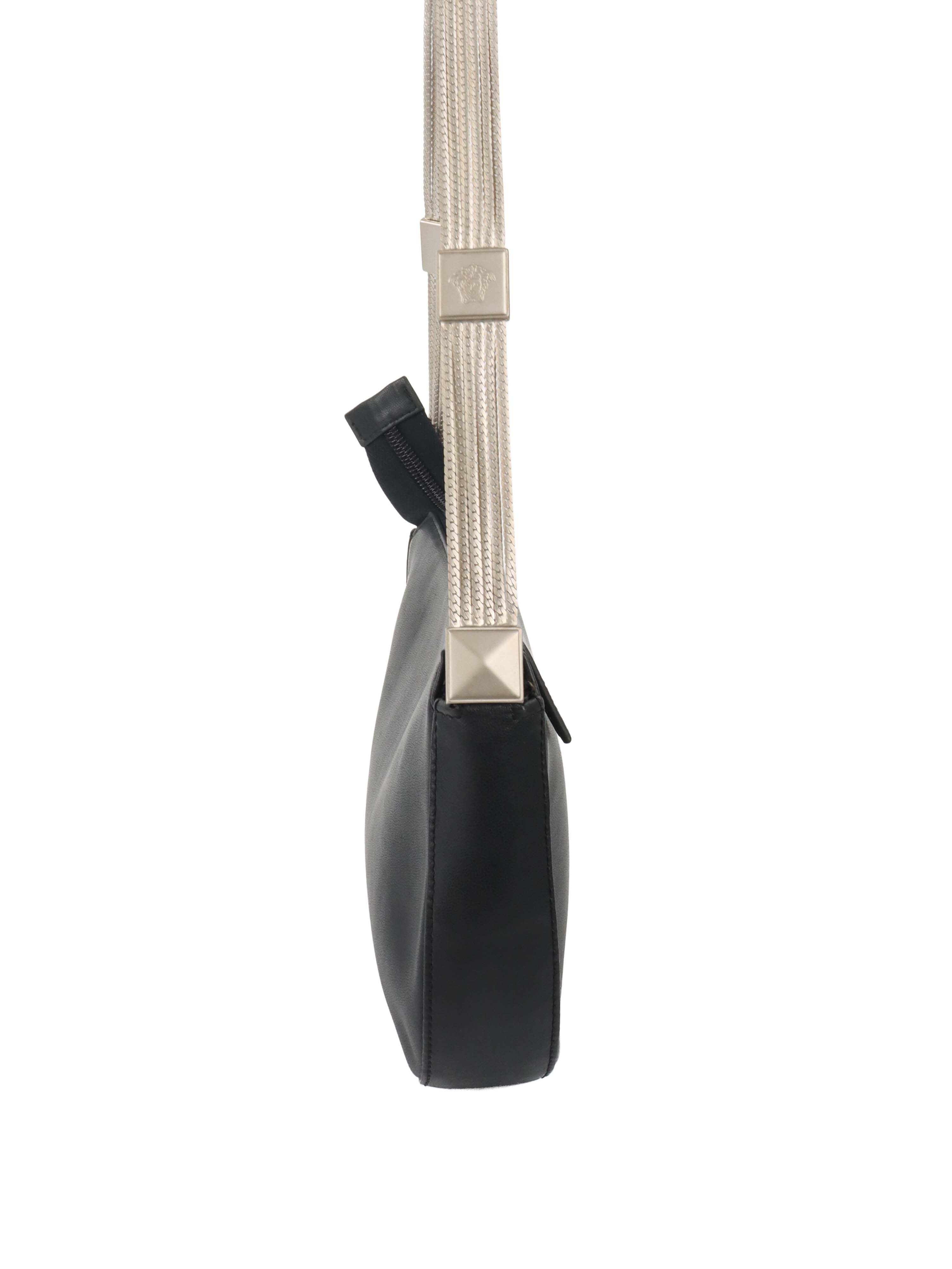 Versace Black Leather Shoulder Bag with Silver Chain.