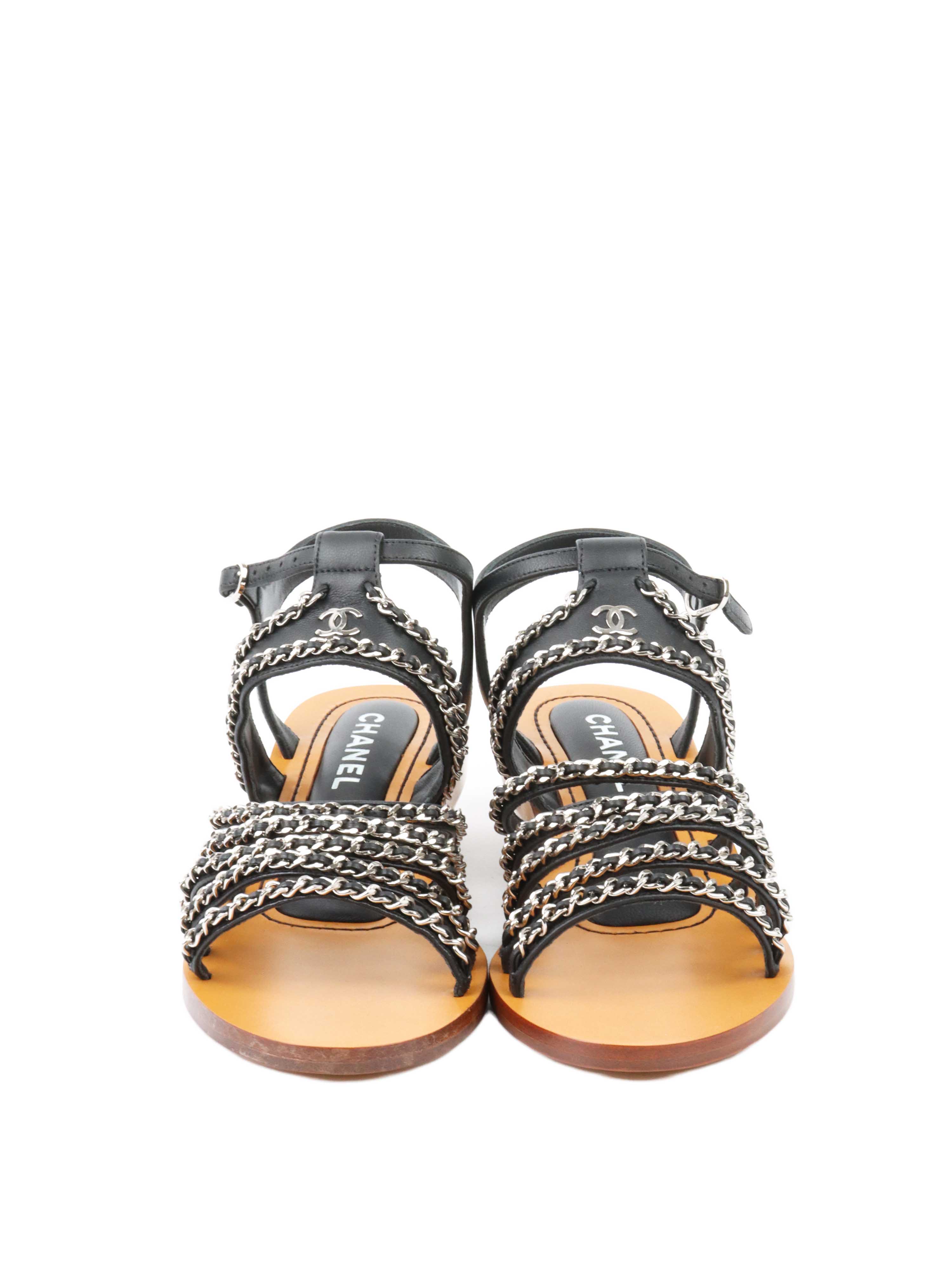 Chanel Wooden Wedge Chain Sandals 38.