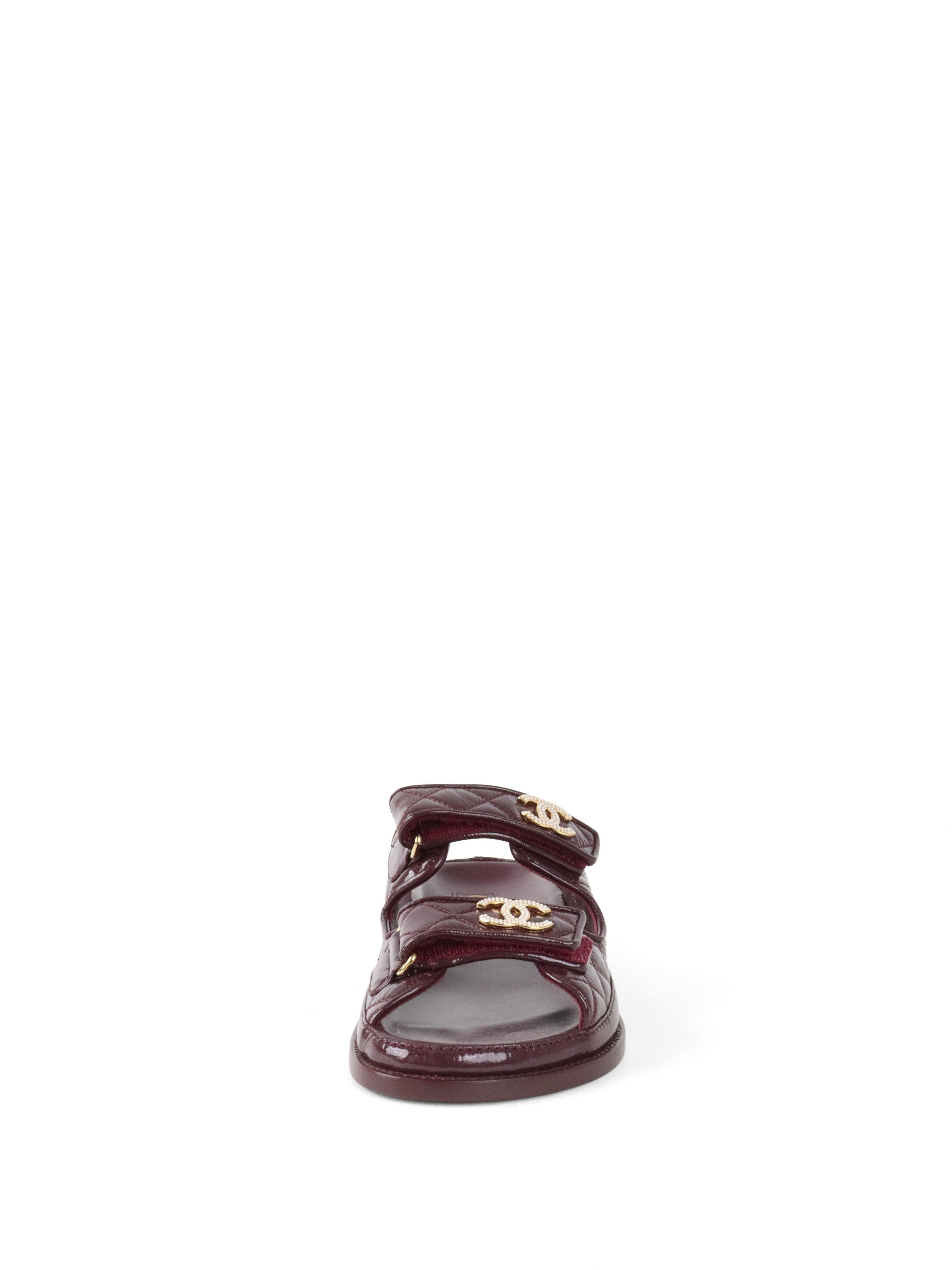 Chanel 21C Burgundy Red Patent Gold CC Logo Mule Slides.