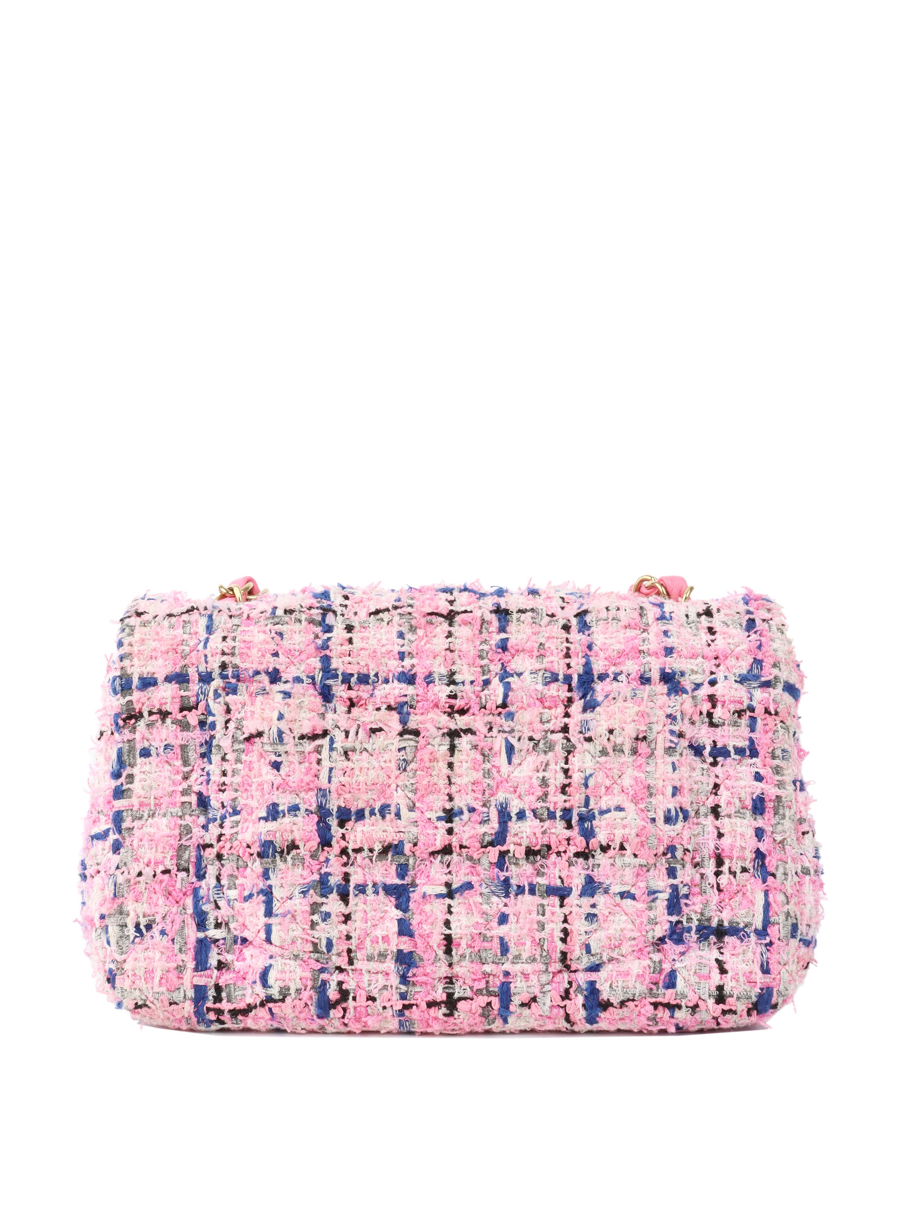 Chanel Pink 
Blue Tweed Mini Rectangular Classic Flap.