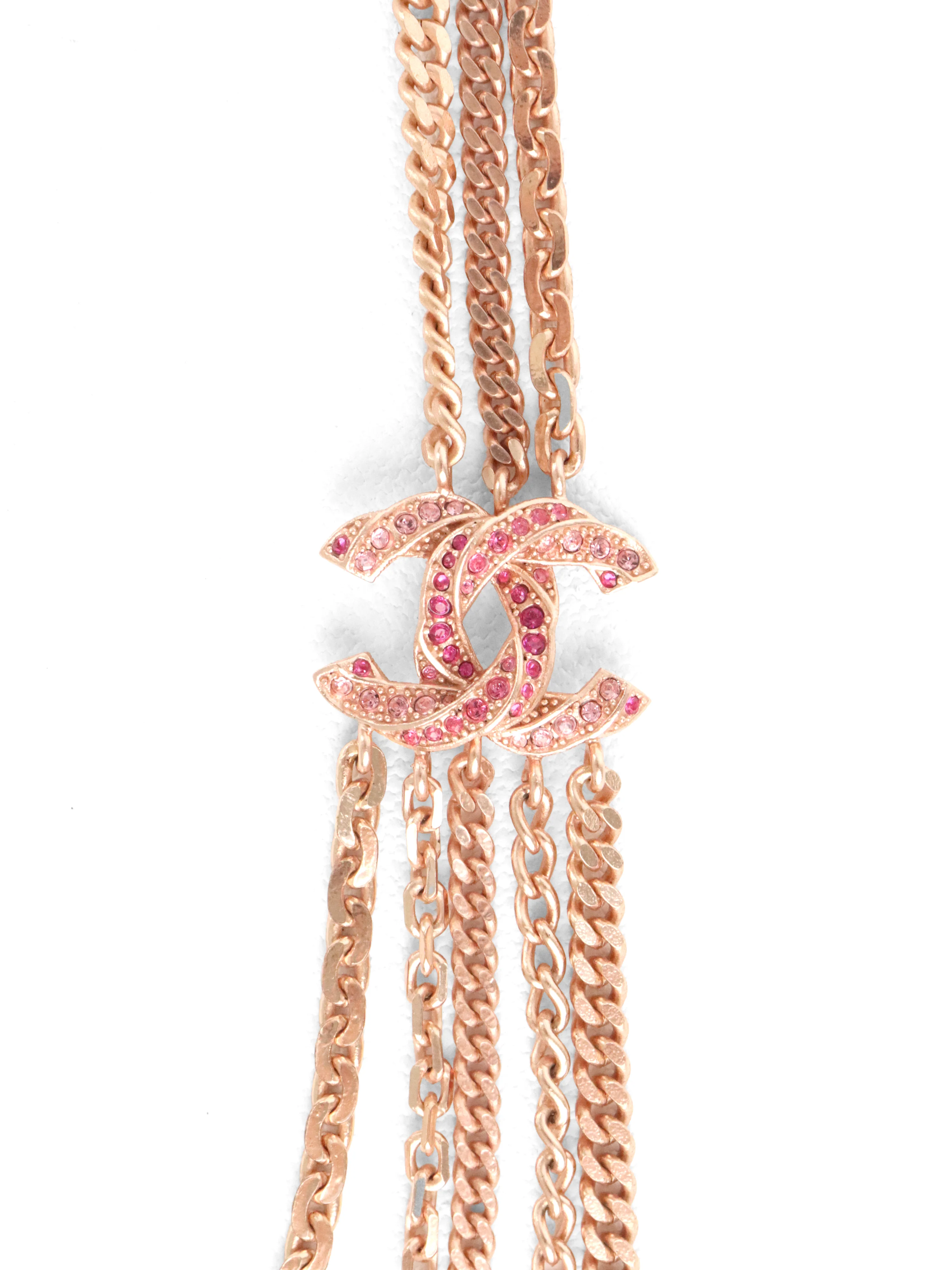 Chanel B16C CC Rose Gold Pink Crystal Long Chain Necklace