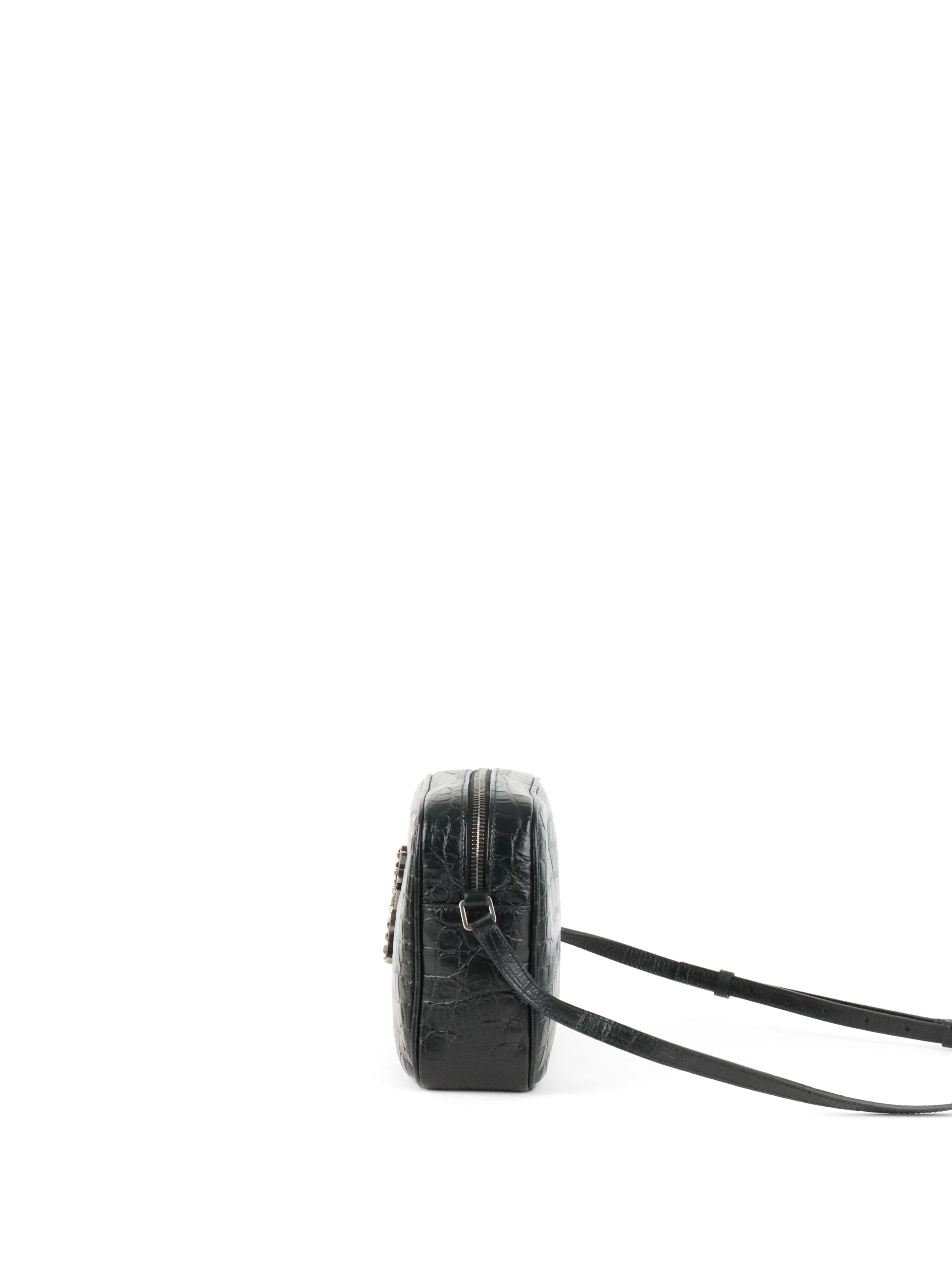 Saint Laurent Black Croc Embossed Camera Lou Bag