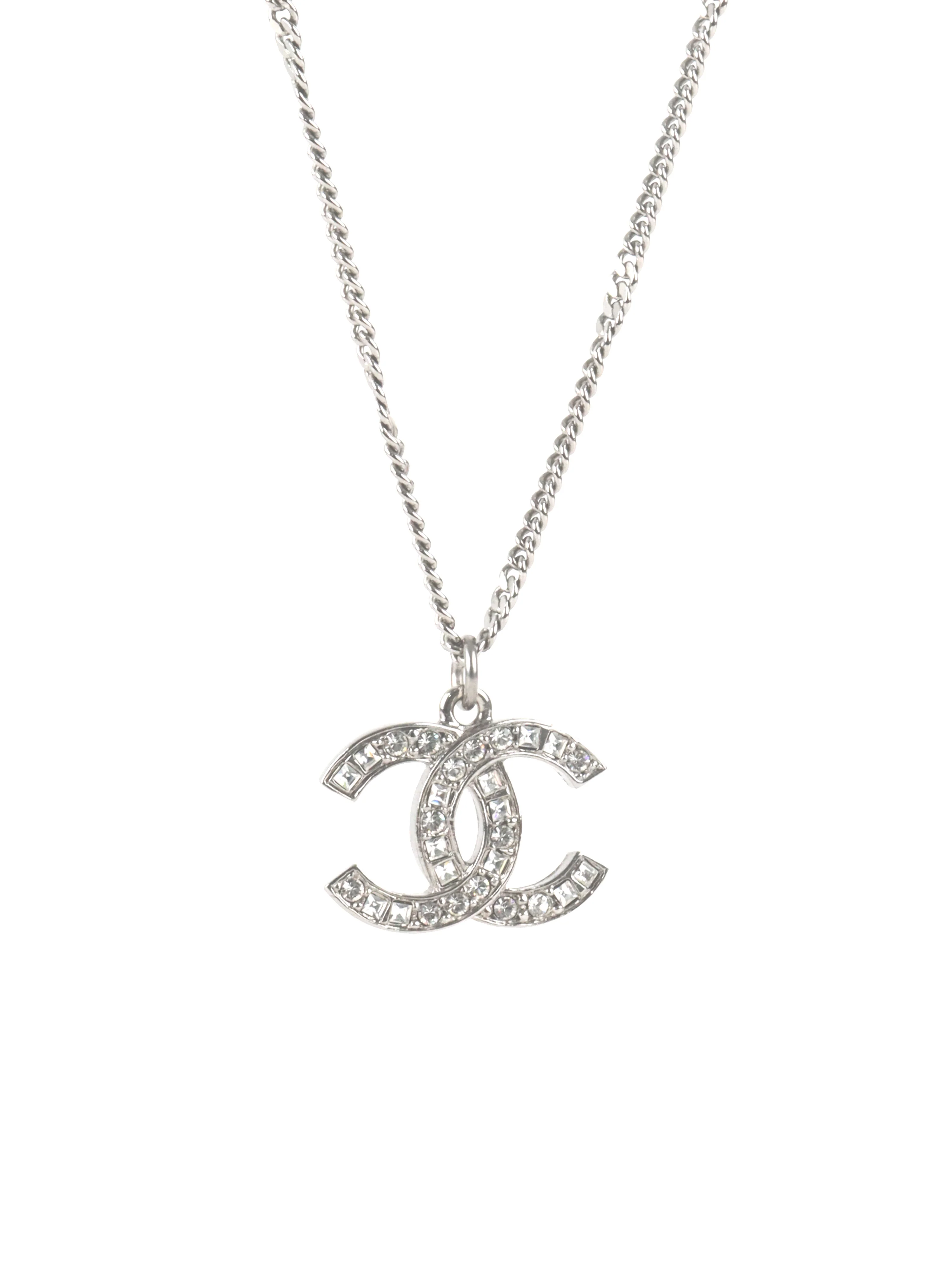Chanel Metal Silver Crystal CC Long Necklace