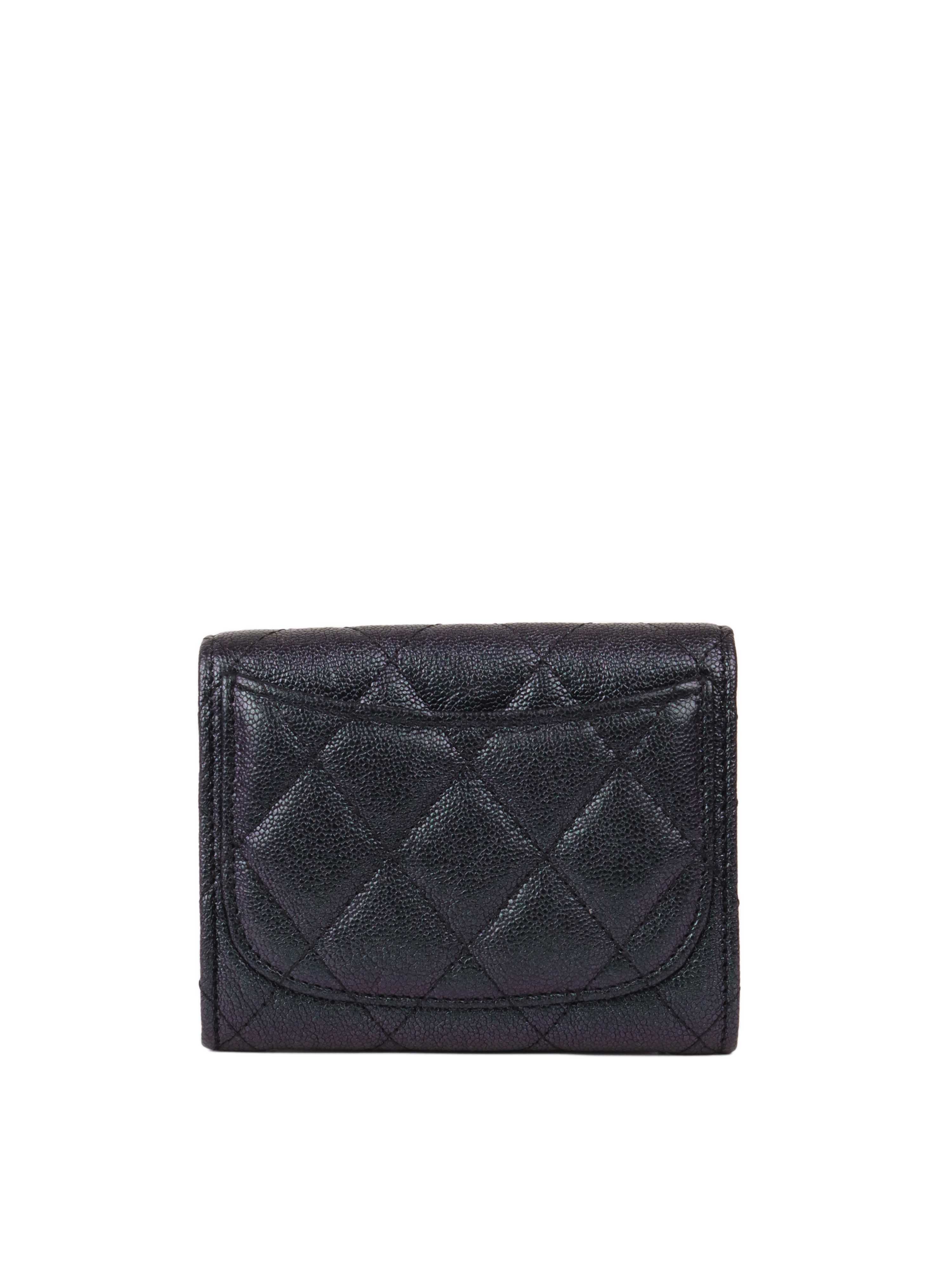 Chanel Black Iridescent Caviar Compact Wallet with SHW.