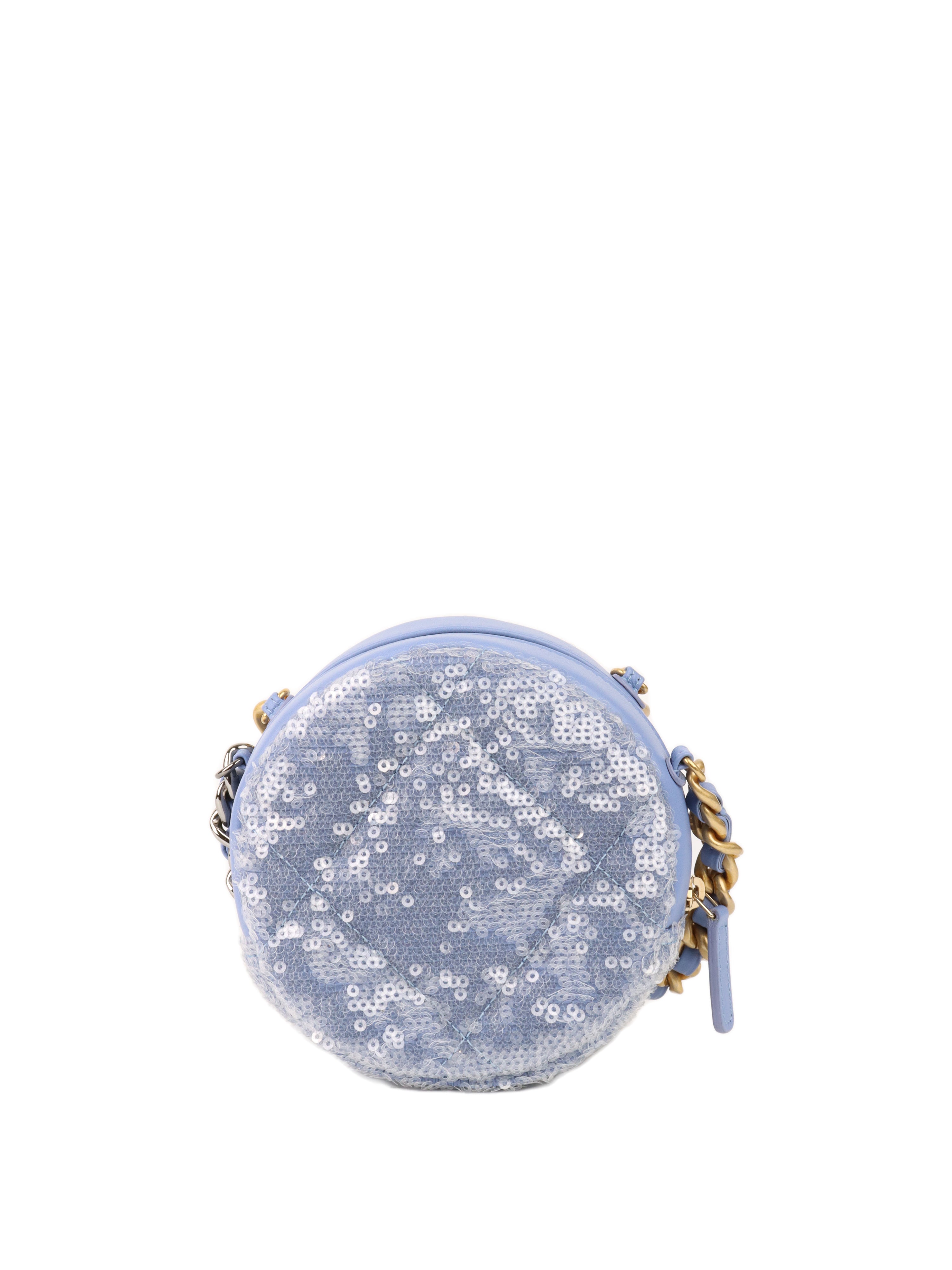 Chanel 19 Round Blue Sequinned Clutch with Chain.