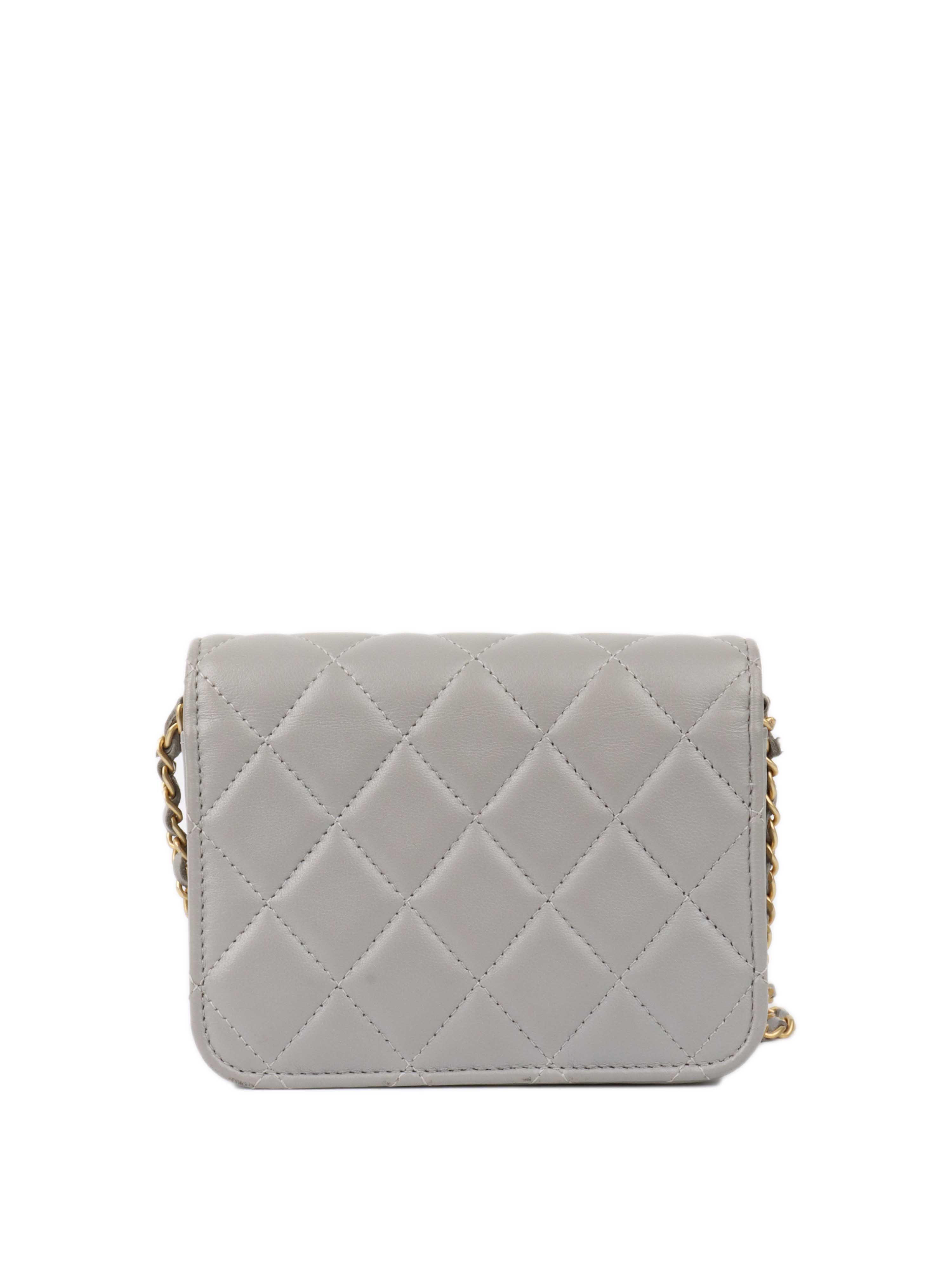 Chanel Grey Cardholder on Chain with Pearl Crush GHW.