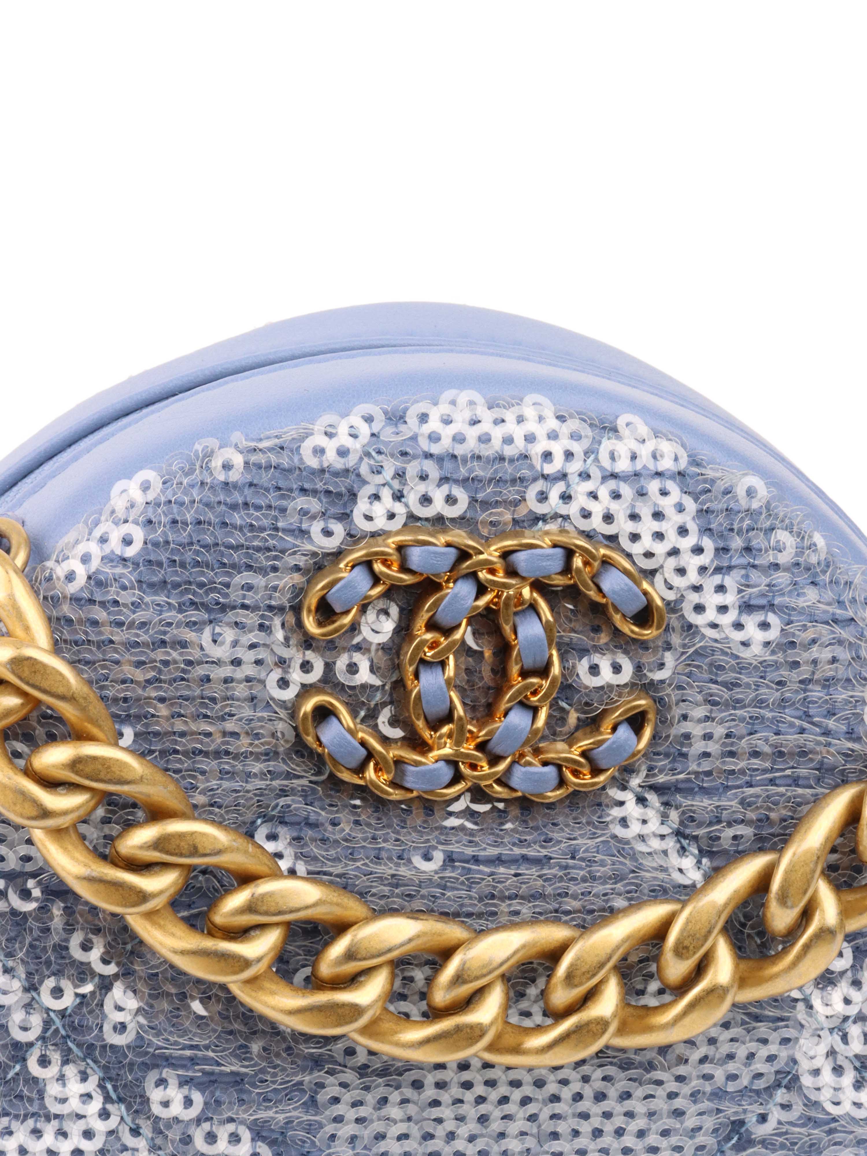 Chanel 19 Round Blue Sequinned Clutch with Chain.