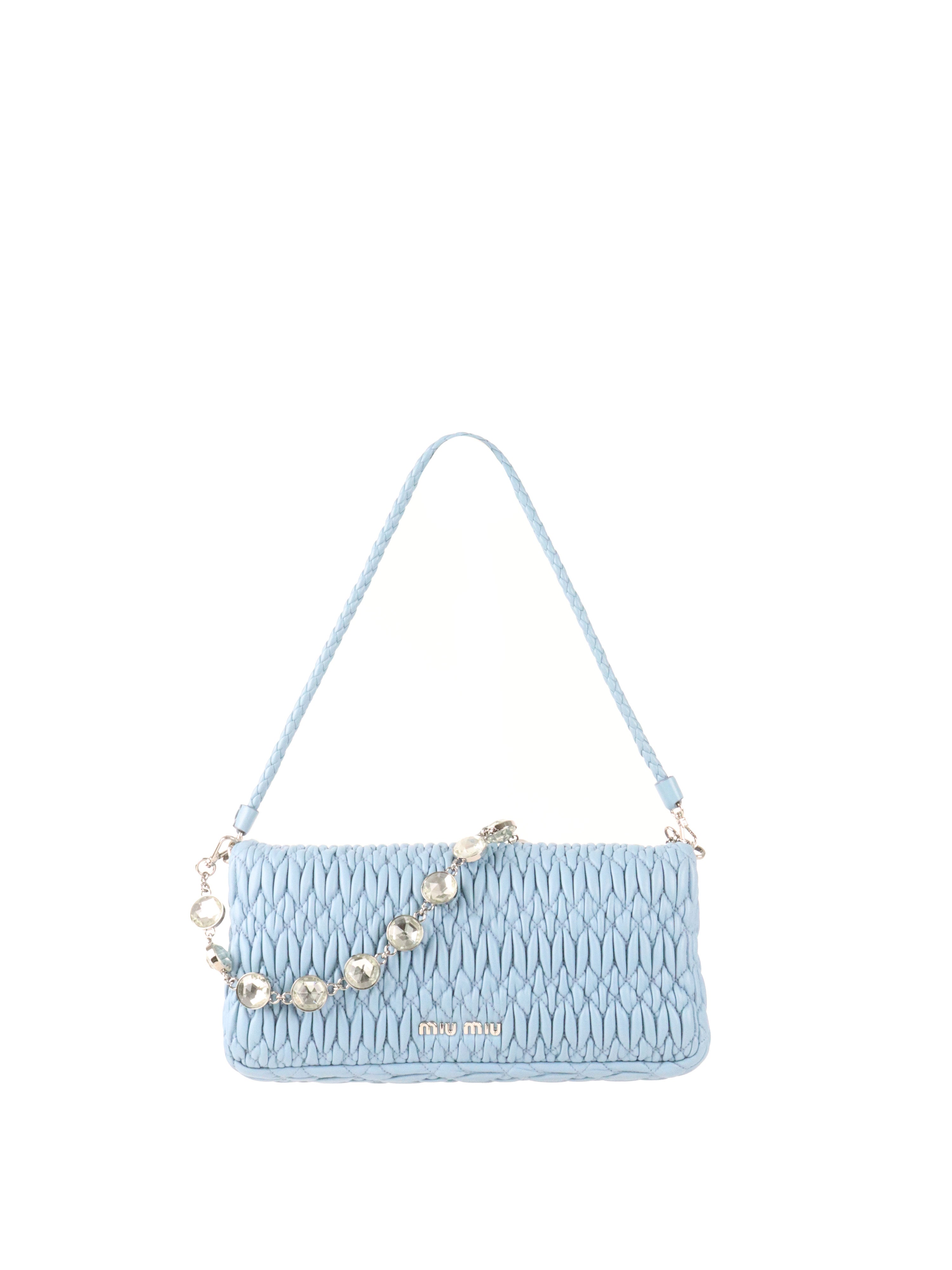 Miu Miu Light Blue Matelasse Nappa Crystal Chain Satchel