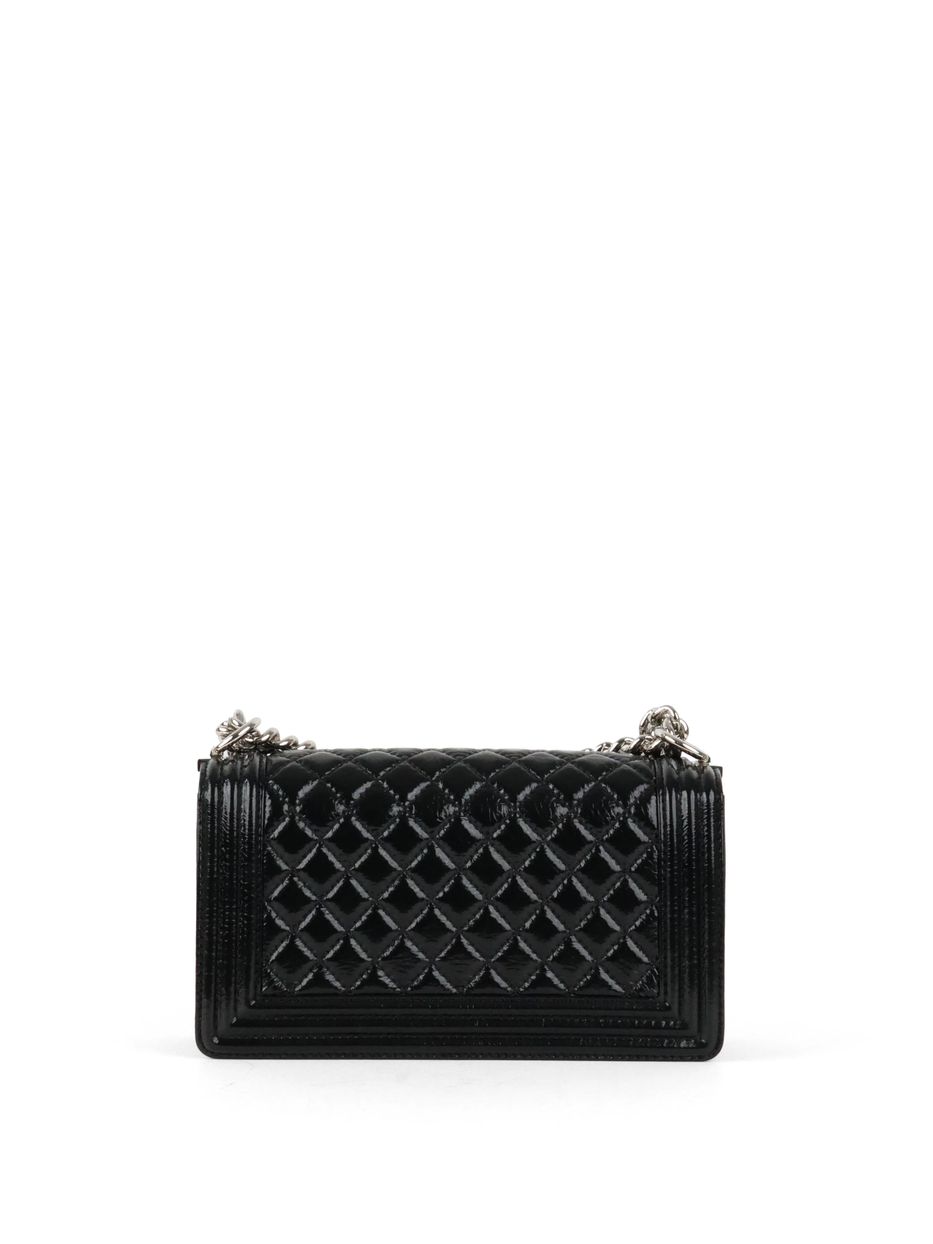 Chanel Black Crinkled Patent with Diamond Quilted Lock Medium Boy Bag
