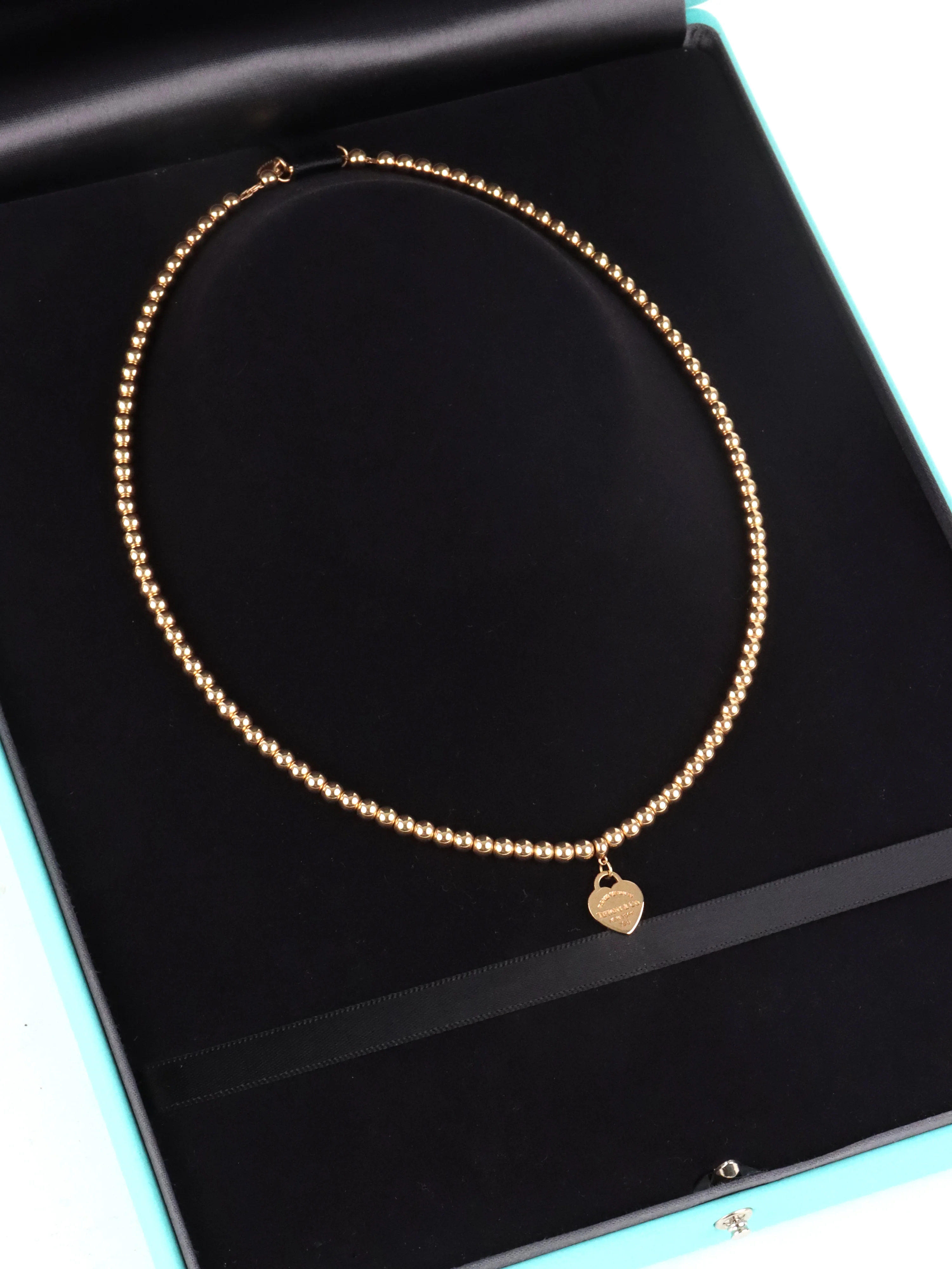 Tiffany  Co Yellow Gold Mini Heart Tag Bead Necklace