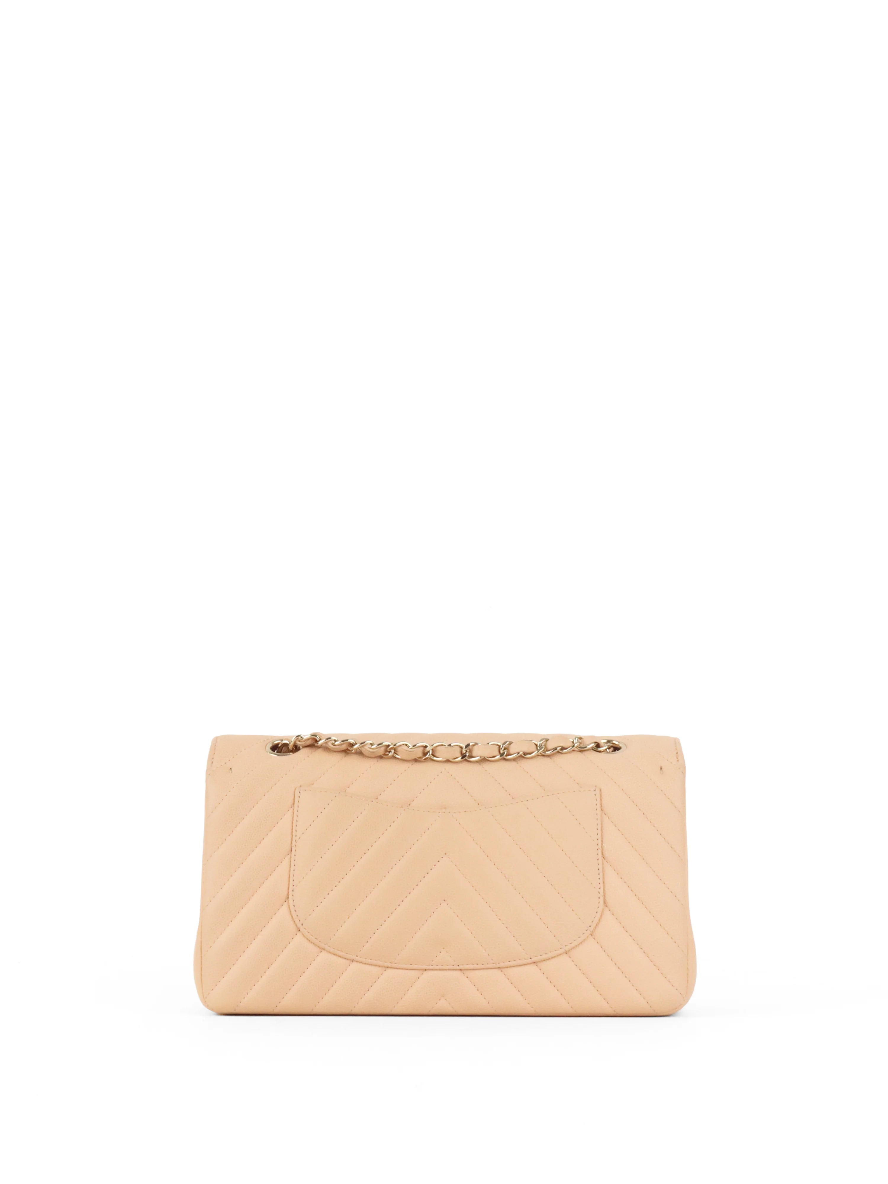 Chanel Beige Claire Chevron Caviar Classic Flap