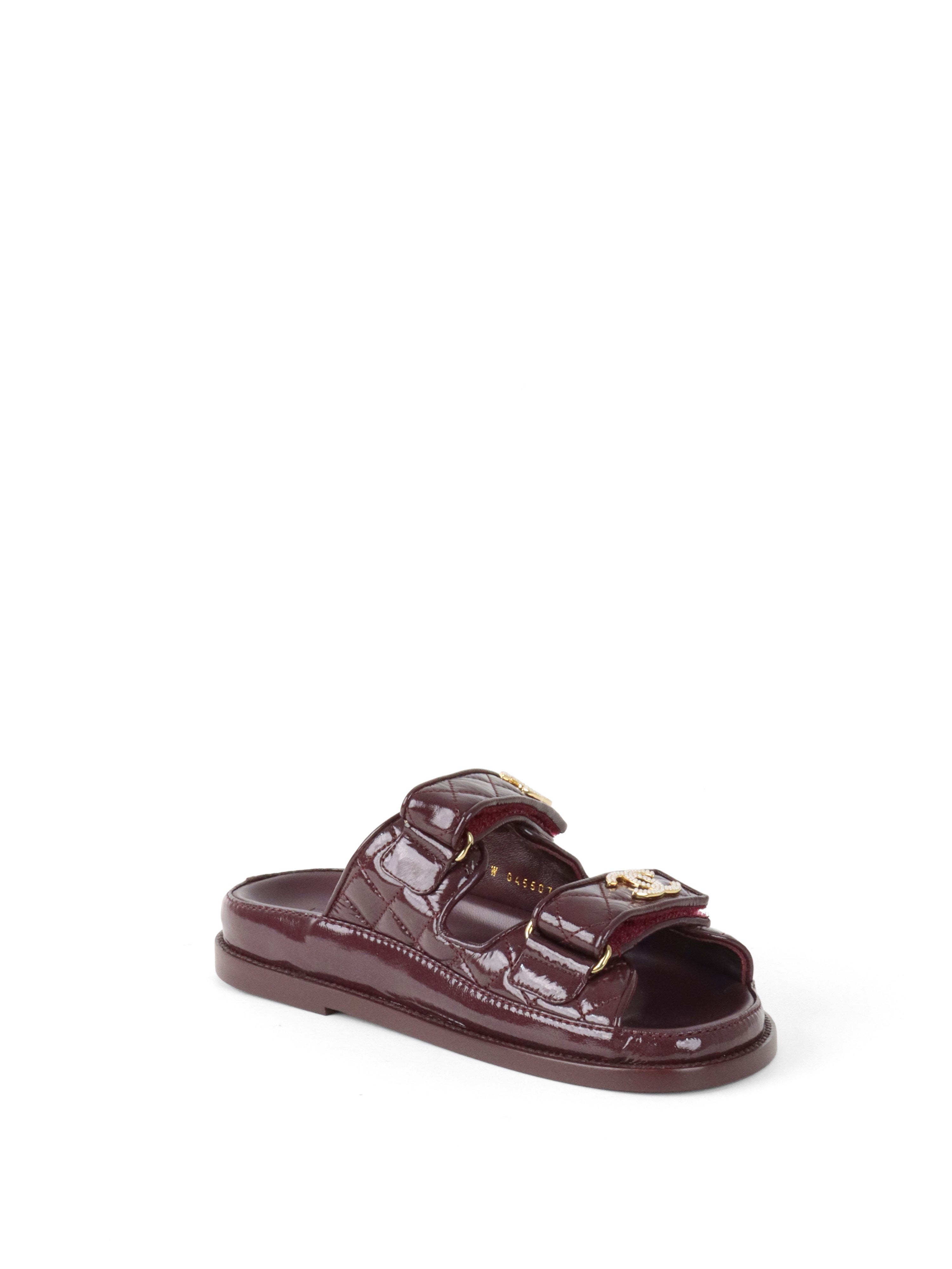 Chanel 21C Burgundy Red Patent Gold CC Logo Mule Slides.