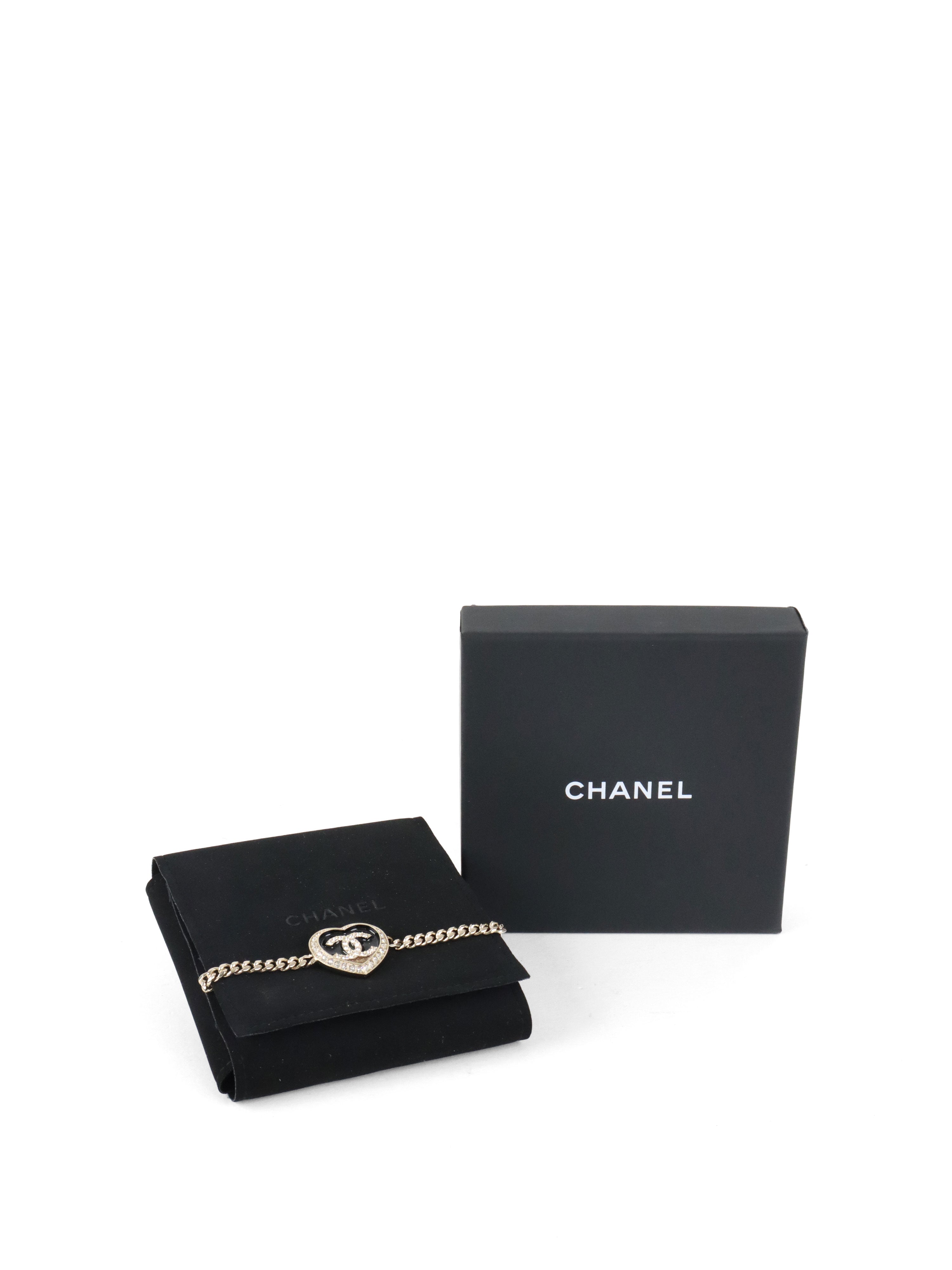 Chanel Black  Gold Crystals CC Heart Charm Bracelet