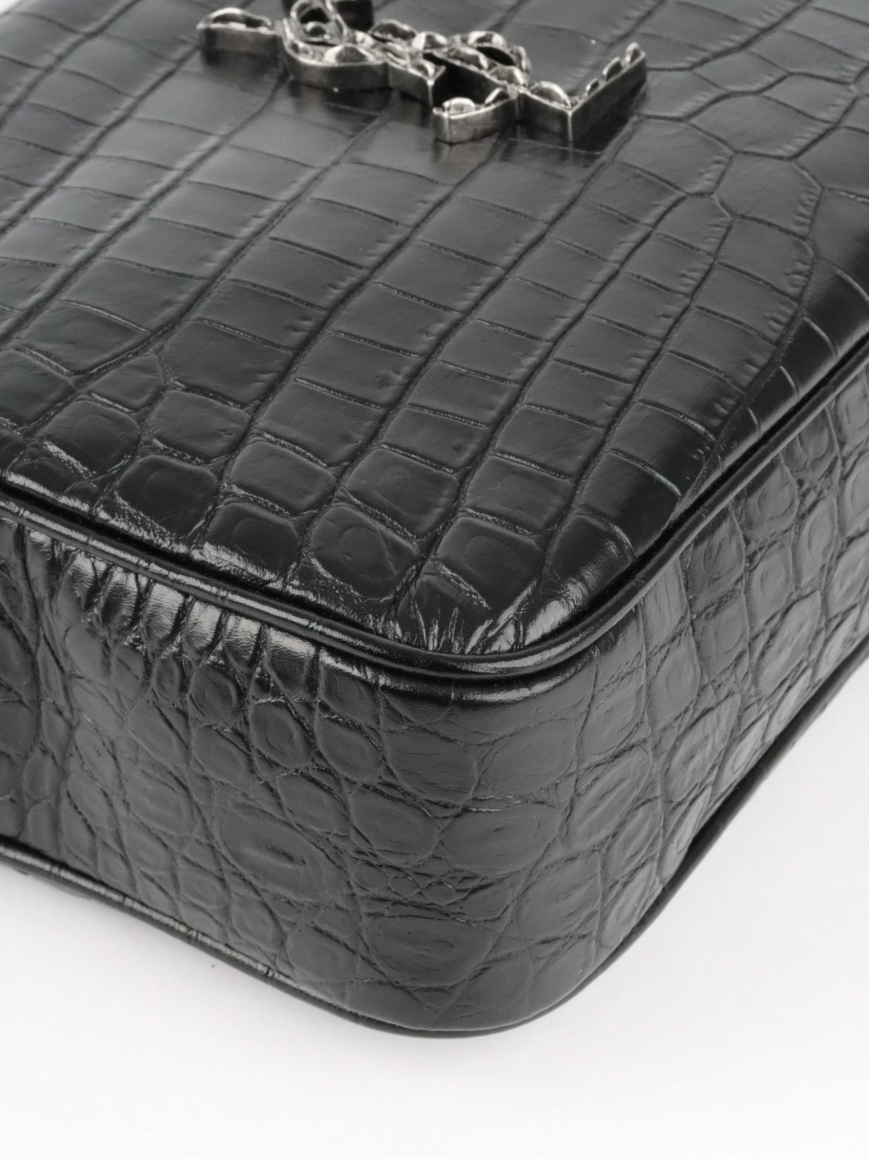 Saint Laurent Black Croc Embossed Camera Lou Bag