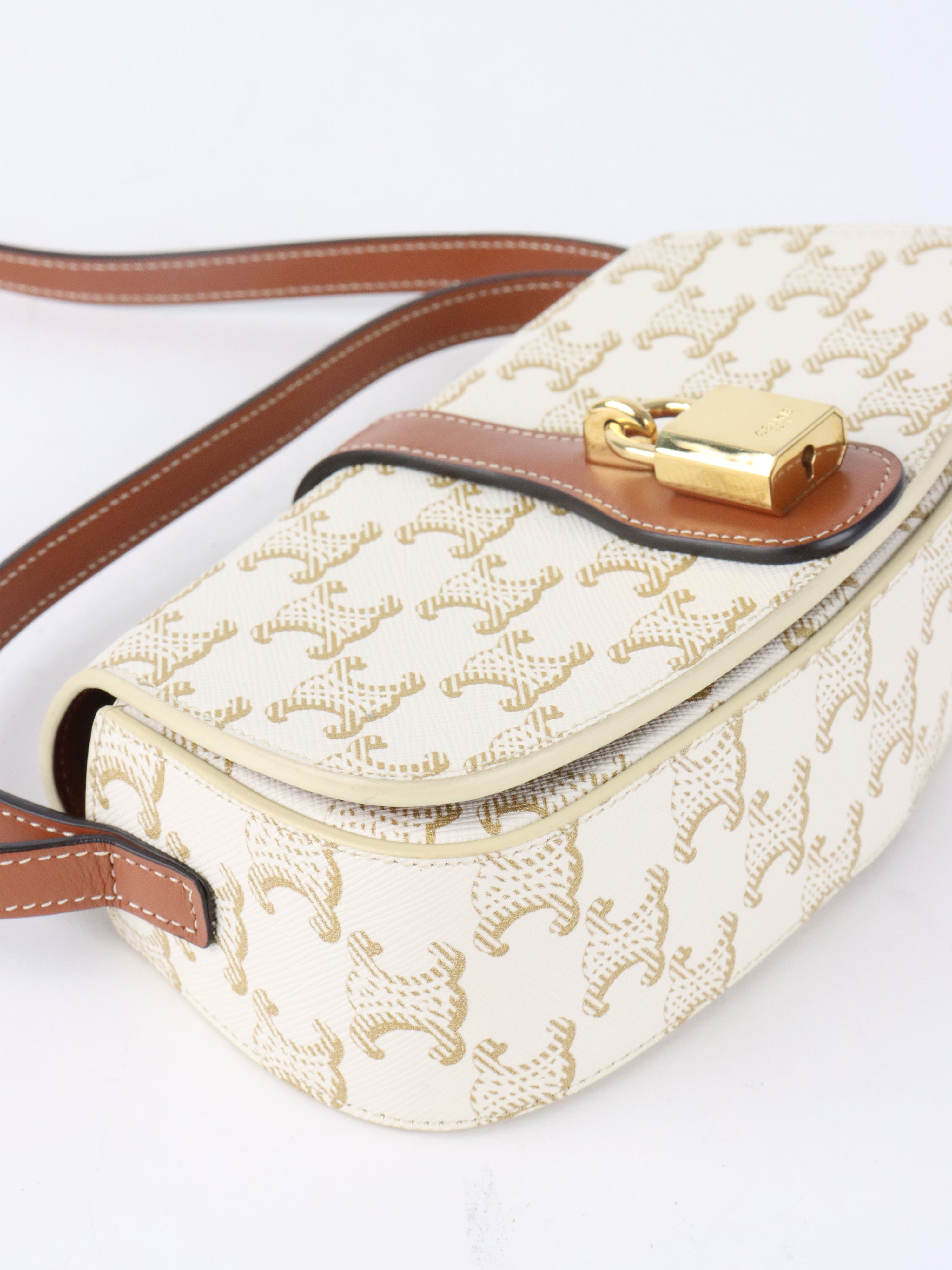 Celine White/Tan Triomphe Tabou Clutch with Strap