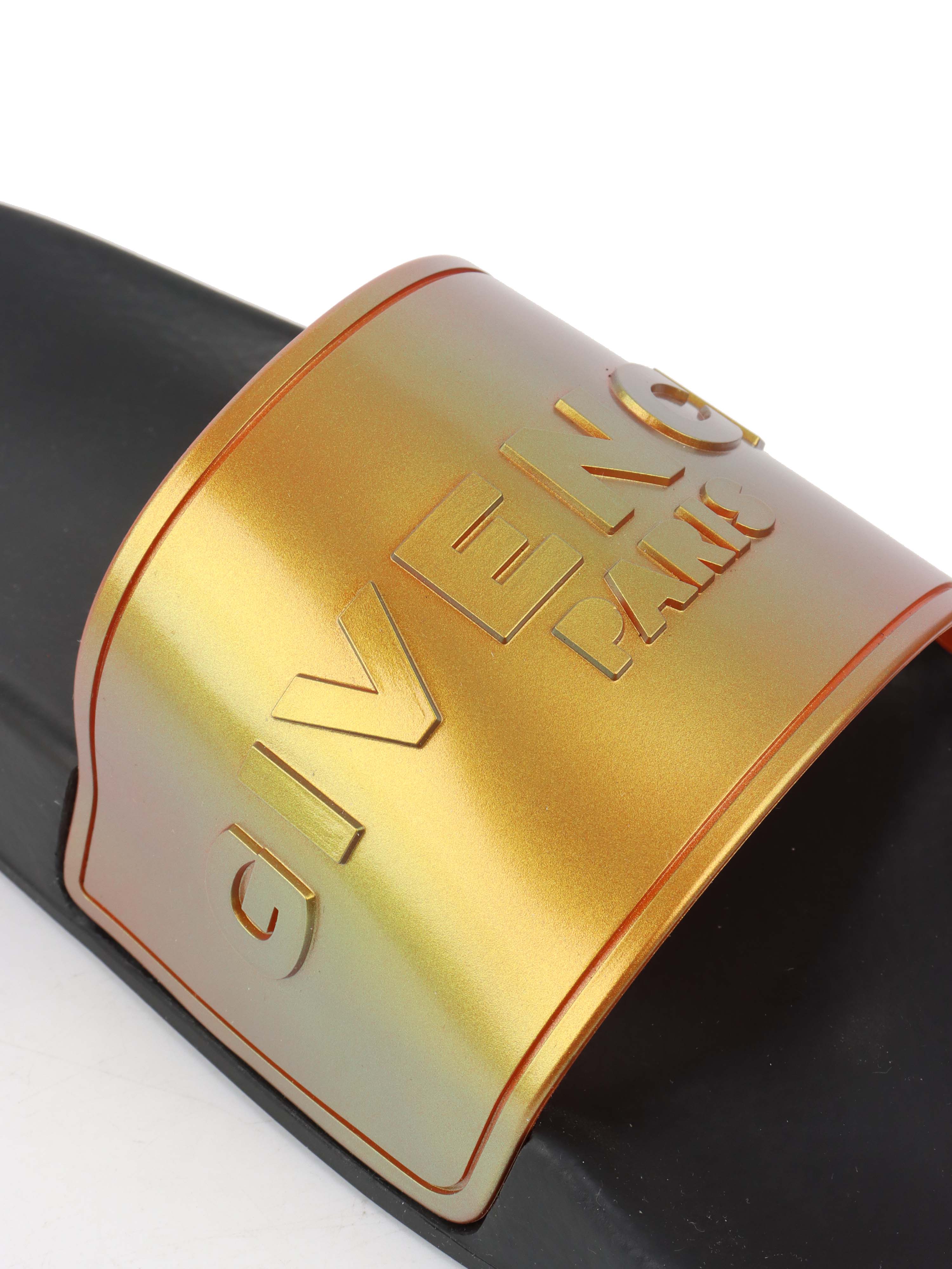 Givenchy Black/ Orange Iridescent Logo Slide Sandal.