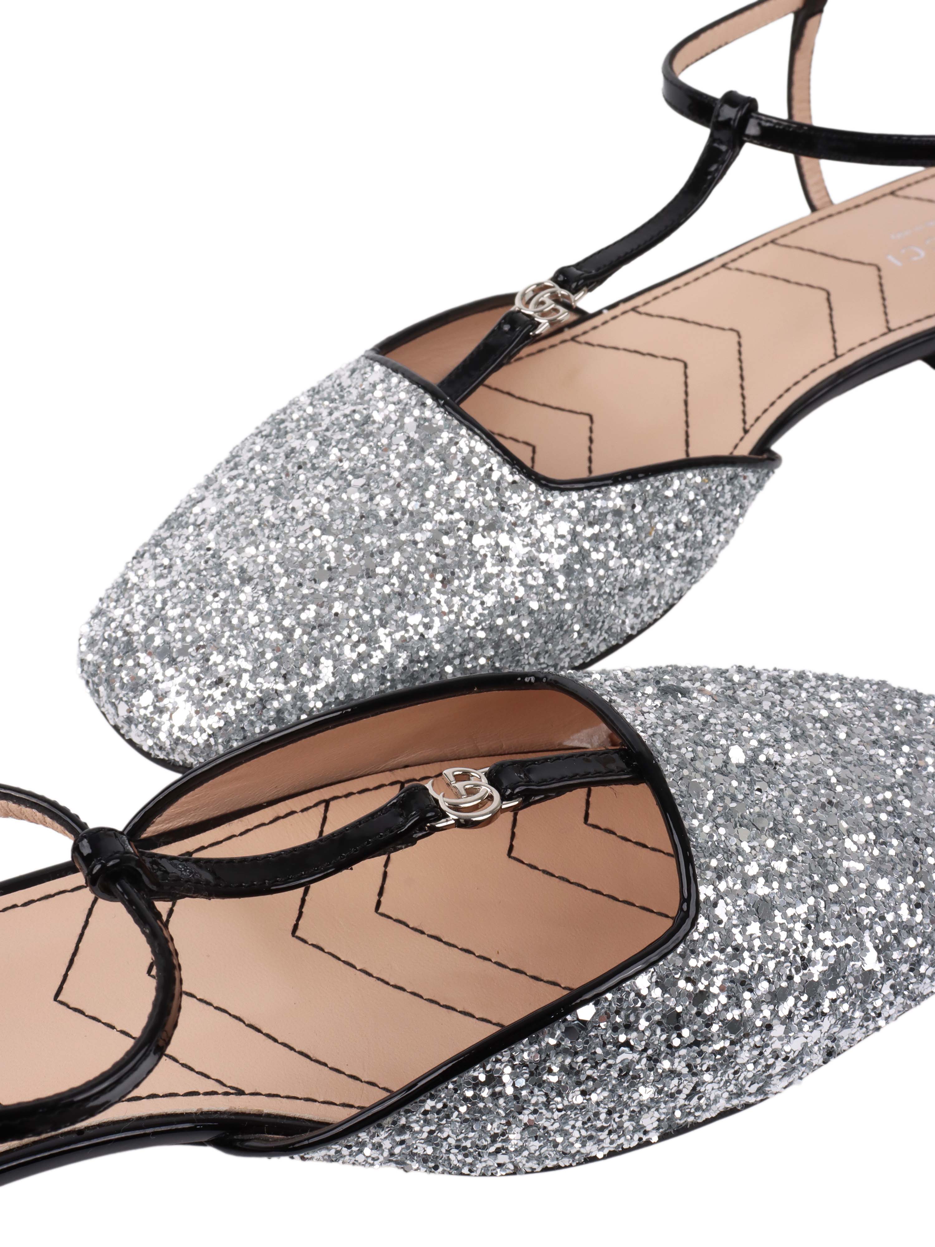 Gucci Silver Glitter Double G Ballet Flats.