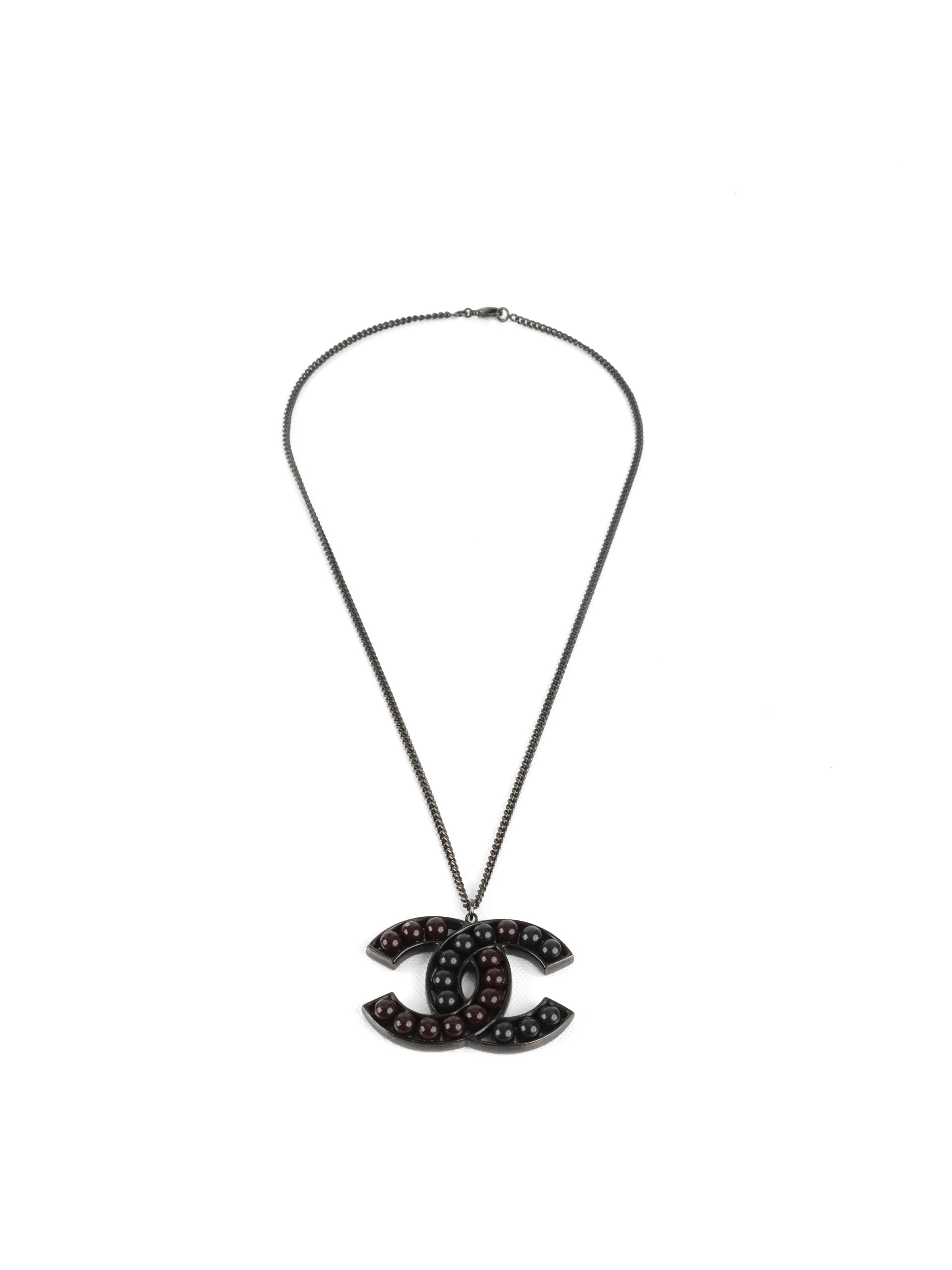 Chanel Black and Dark Burgundy Enamel CC Pendant Necklace