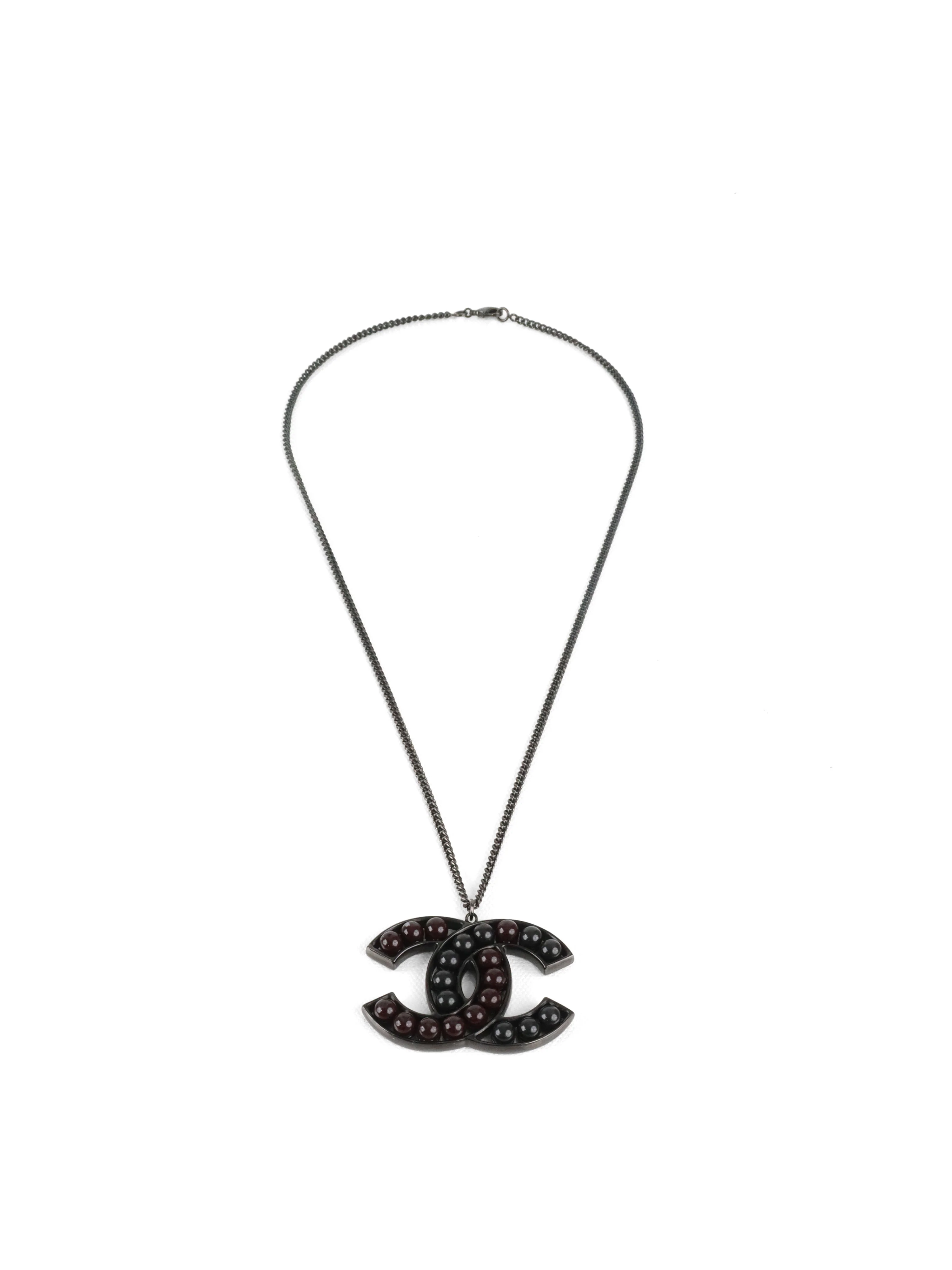 Chanel Black and Dark Burgundy Enamel CC Pendant Necklace