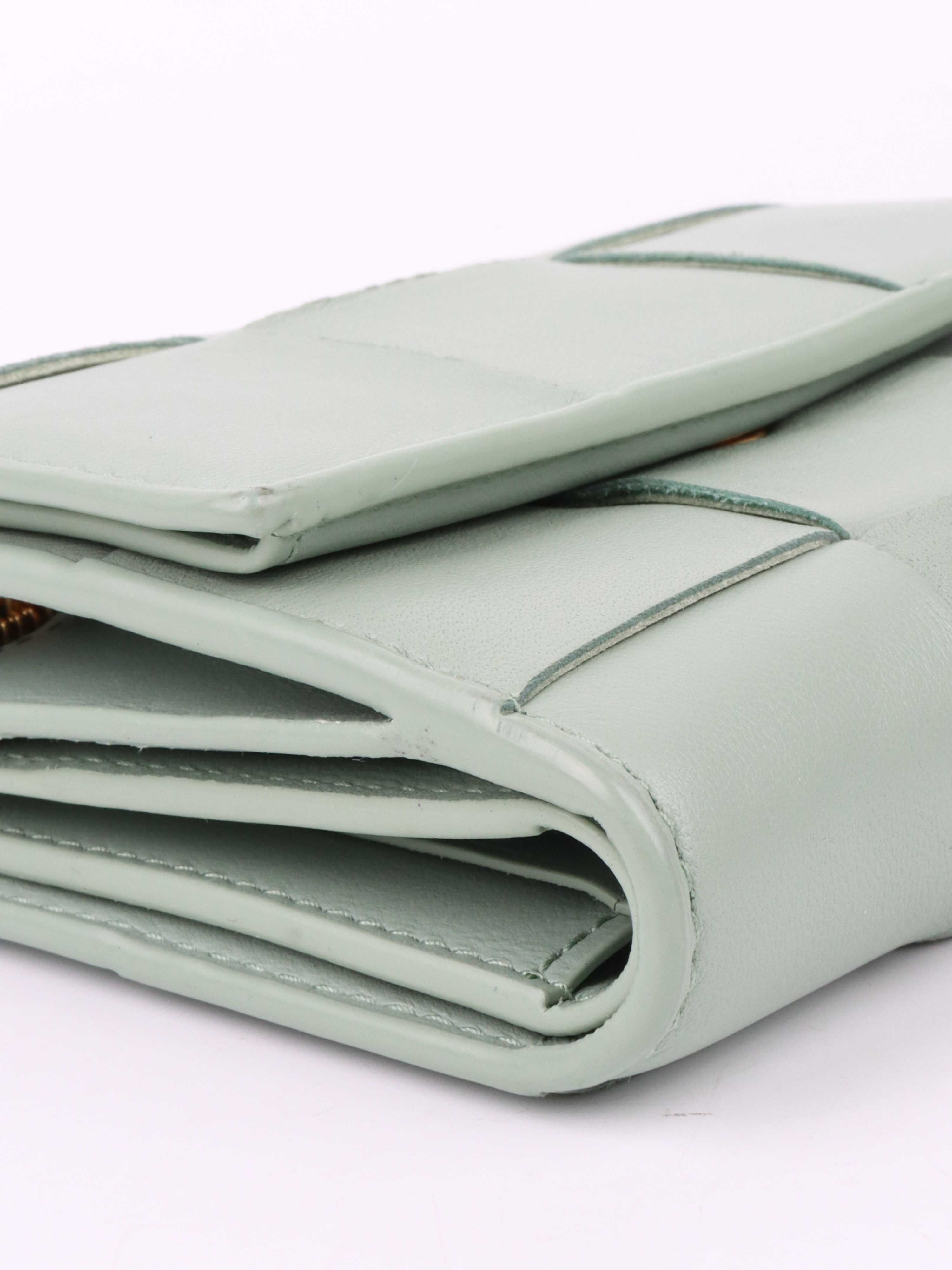 Bottega Veneta Seafoam Cassette Tri-Fold Zip Wallet.