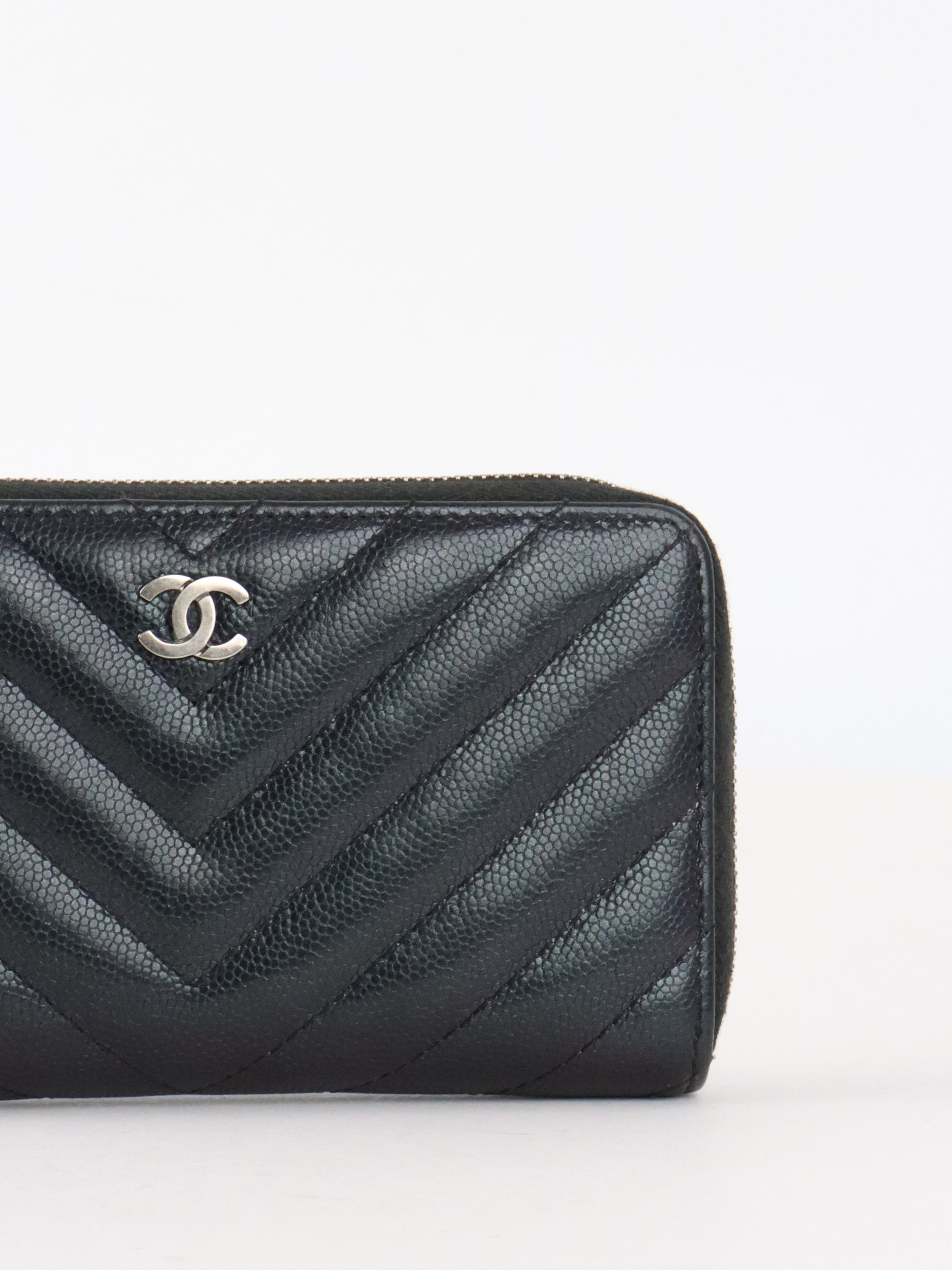 Chanel Irredescent Dark Charcoal Caviar Chevron Zip Wallet