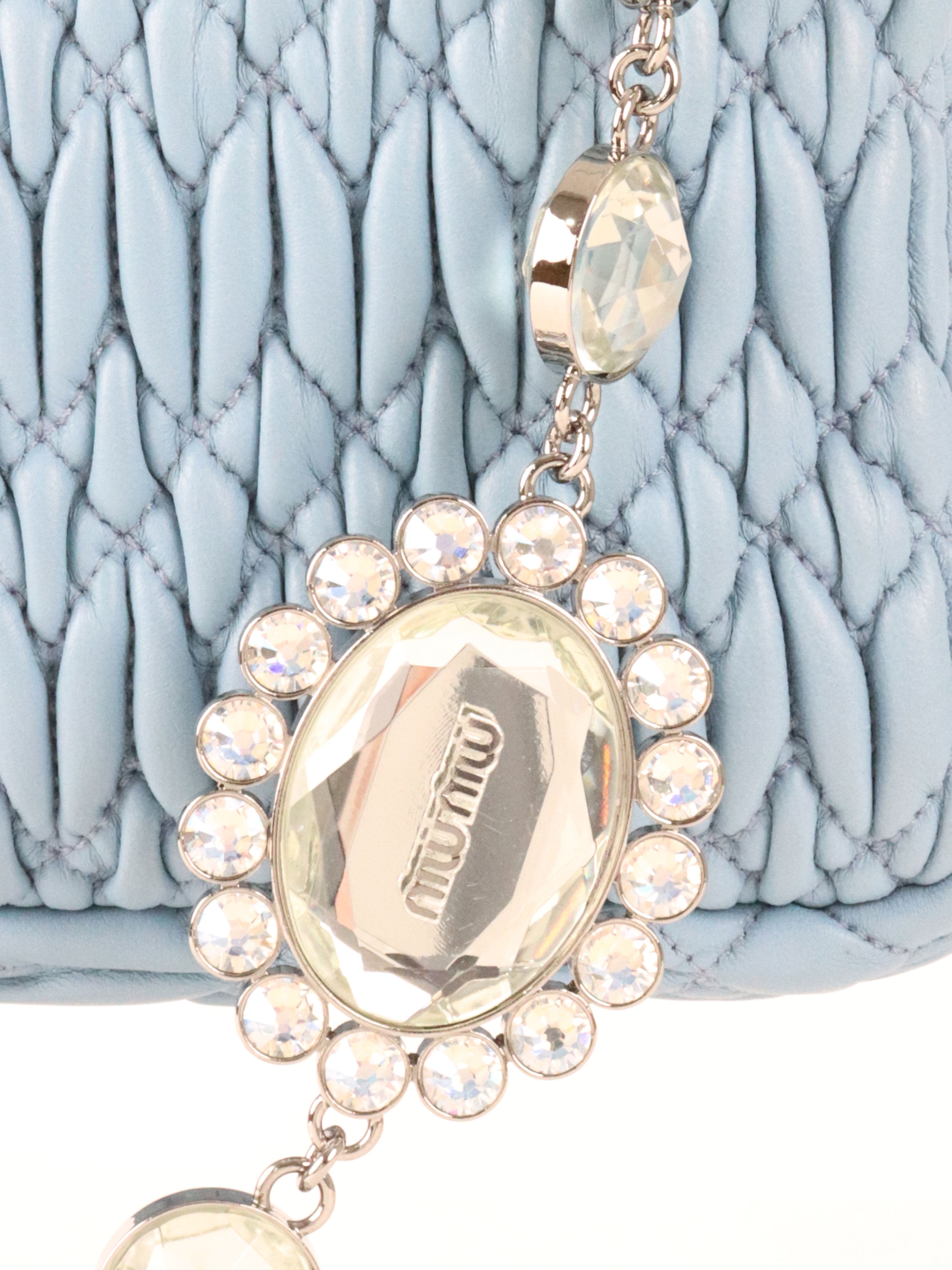Miu Miu Light Blue Matelasse Nappa Crystal Chain Satchel