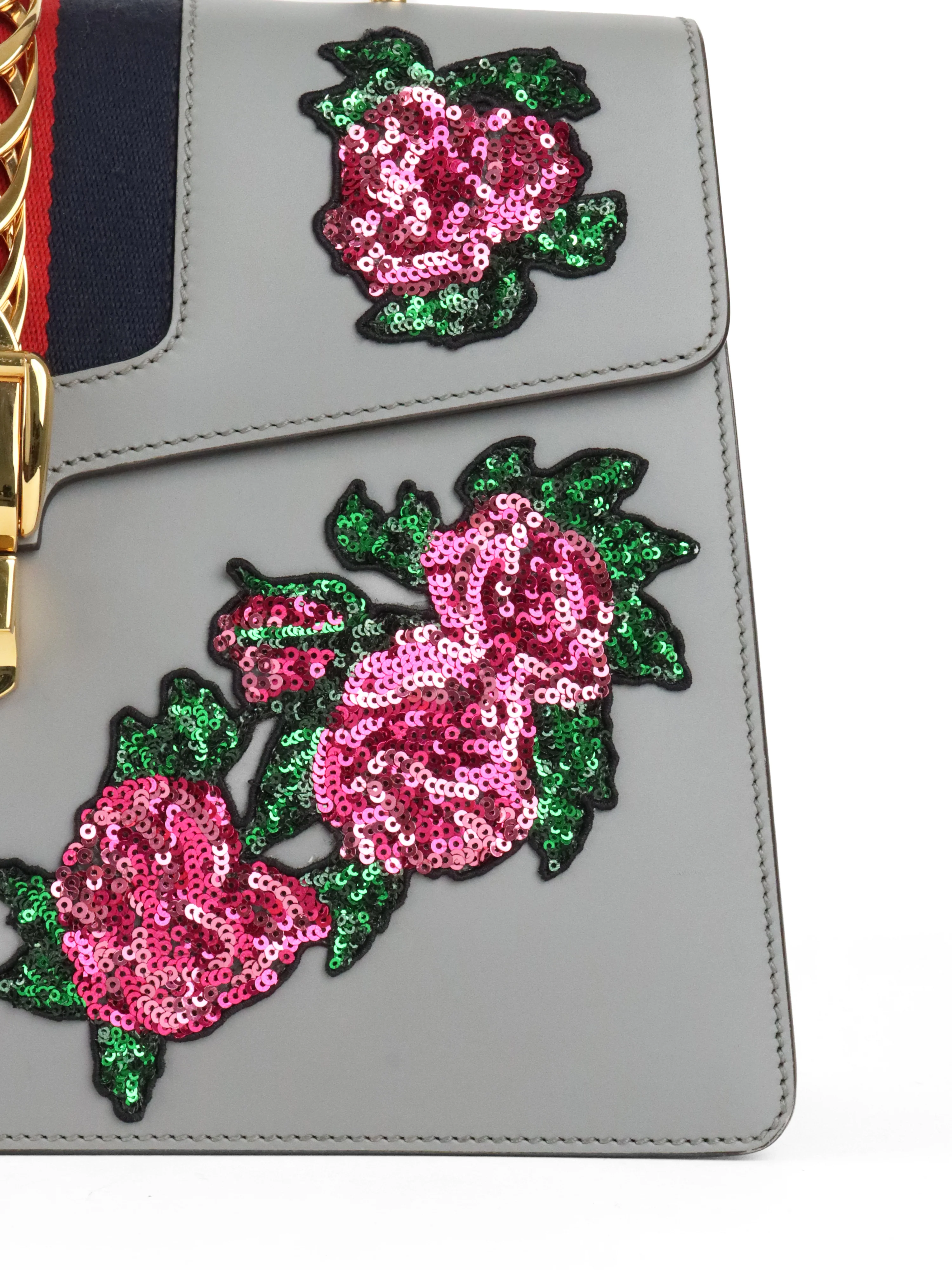 Gucci Medium Grey Floral Sequin Sylvie Top Handle Bag