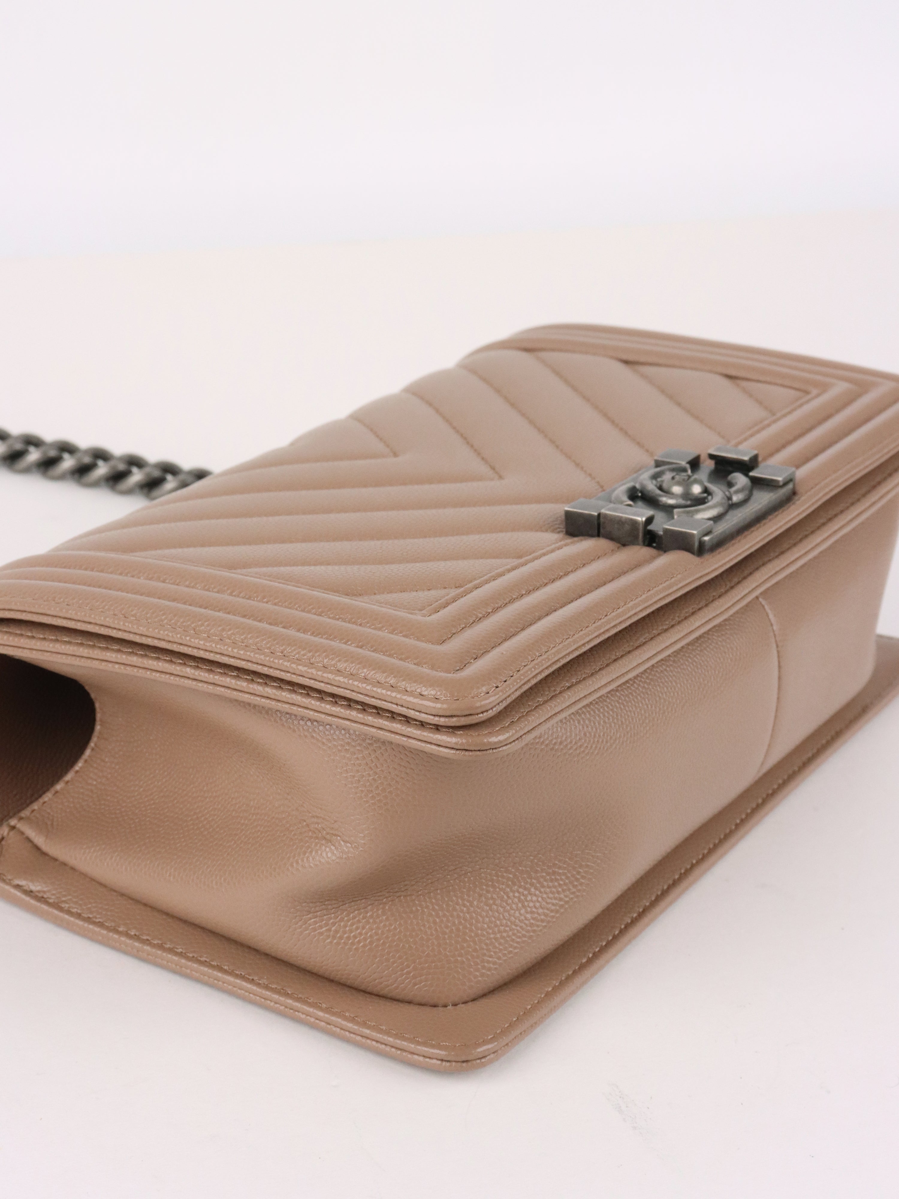 Chanel Dark Beige Chevron Old Medium Caviar Boy Bag